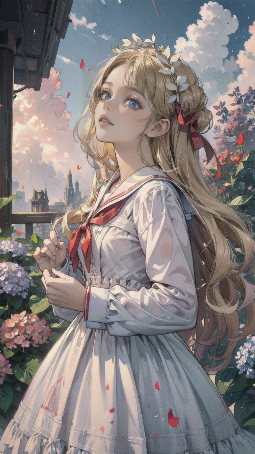 Best Quality,masterpiece,Watercolor style,girl,blonde,blue eyes,White Dress,Red Ribbon Hydrangea,after the rain,rainbow,Looking up at the sky,smile,The light spreads,White Dress,Sailor collar,Long sleeve,Dark blue on the cuff,Line on the cuff,,Shortcuts,