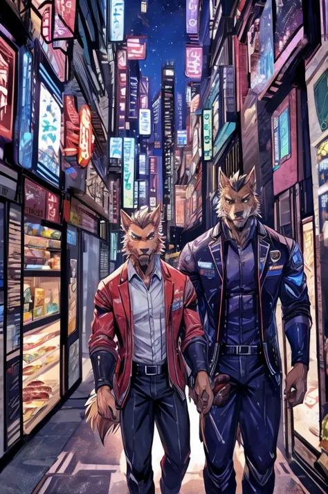 textured sci-fi comics、color comics、japanese manga、handsome werewolf、a werewolf orders meat in a futuristic city、the store clerk...