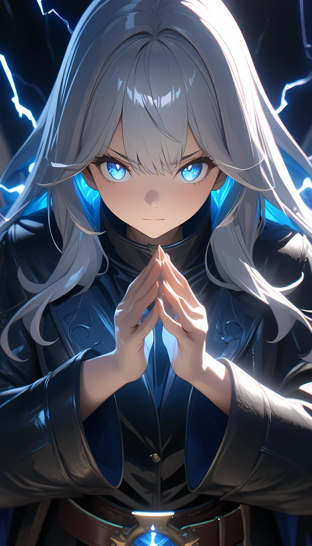 ((masterpiece)), (detailed), perfect face, high detailed eyes, ray tracing, super detail, textured skin, highres, Black leather coat, red inner shirt, leather belt, Wizard, witch, blue light, (Shoots blue lightning from her hand), silver hair, long hair, crystal hair, expressive hair, anime style, Thrust her hands forward and radiate magical light