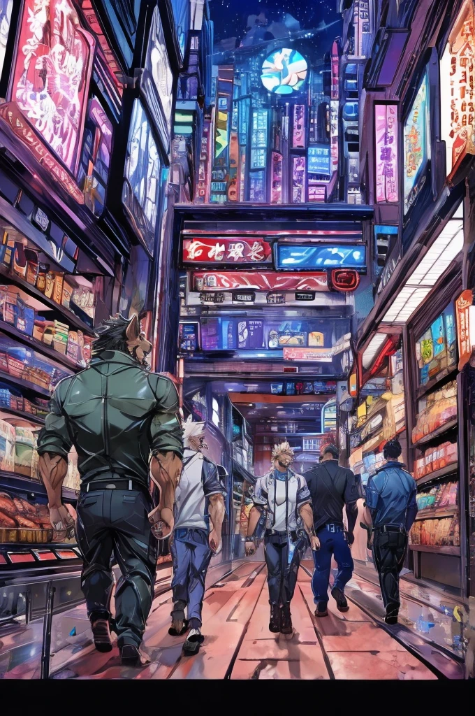 Textured science fiction comics、Color Comics、Japanese Manga、Handsome werewolf、A werewolf orders meat in a futuristic city、The store clerk is also a werewolf...、