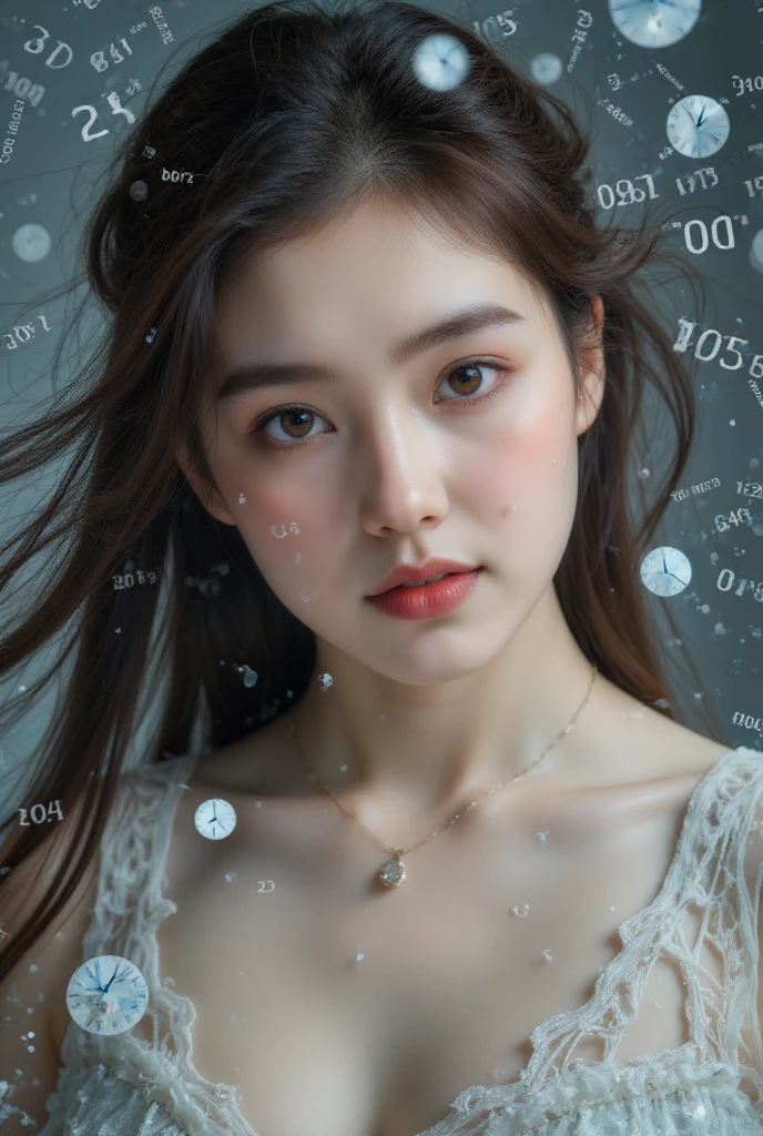 (masterpiece:1.2,Outstanding quality,Mirror-like,Movie Experience,Reality:2.0,Original photo:2.0,Looks super detailed),8K,wallpaper,(A woman swallowed by the vortex of time and numbers:2.0),(Beautiful woman:2.0),(Upper body close-up:2.0),(Detailed time data plotting:2.0),(beautiful face:2.0),(Beautiful eyes:2.0),(Beautiful hair:2.0),(Cool eye attractor with 3D animation:2.0),(Time Travel Images:2.0)