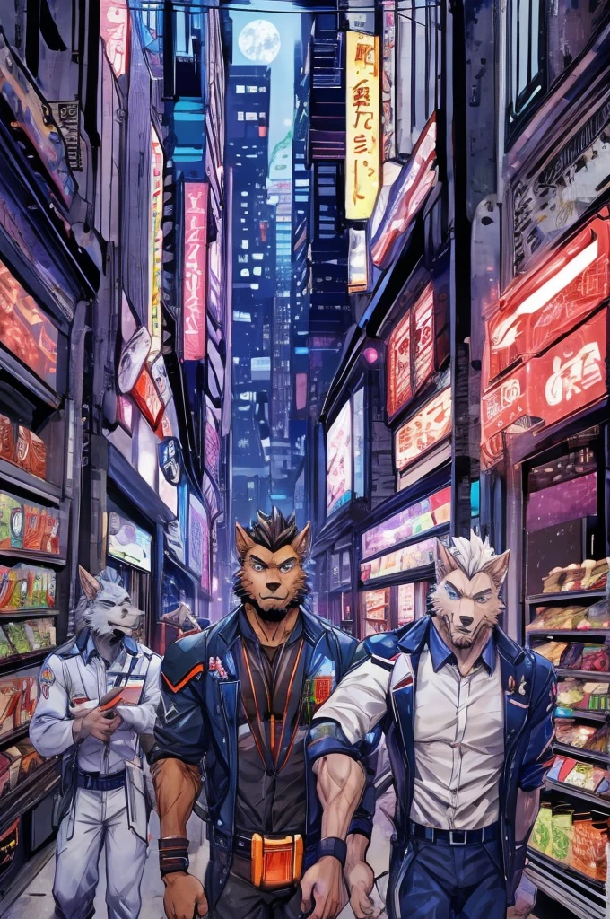 Textured science fiction comics、Color Comics、Japanese Manga、Handsome werewolf、A werewolf orders meat in a futuristic city、The store clerk is also a werewolf........、