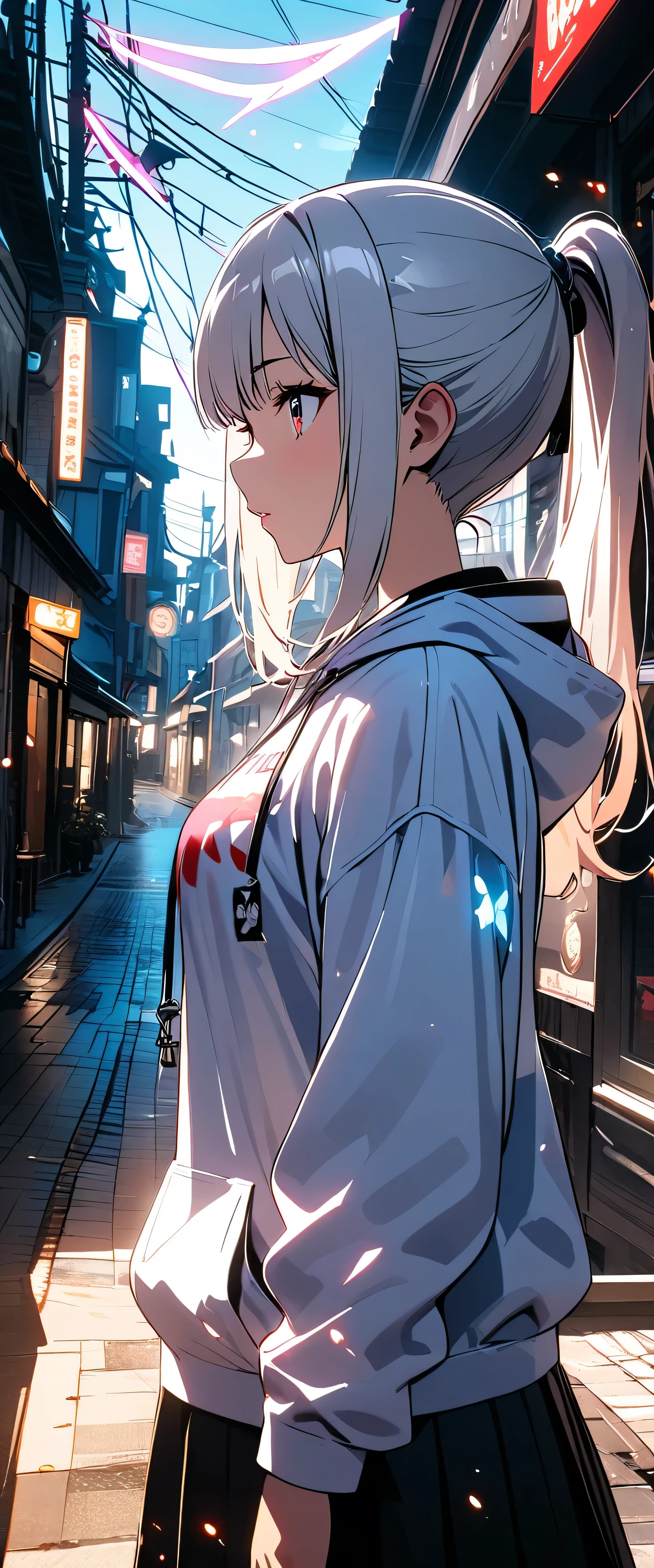 (beautiful girl: 1.3),One girl,masterpiece, Please redeem, Ultra-high resolution,Rich contrast,super high quality,8k,High-definition CG unit wallpaper,Texture,Very absurd,Ultra-high resolution,RAW Photos,Please redeem anime,Depth of written boundary 1.2,(Silver-white hair,ponytail),Very detailed eyes,Glowing Skin,Glitter Effect,Beautiful glossy lips,hoodie,Pleated skirt,Town,(profile:1.5),White beautiful skin,Too cute