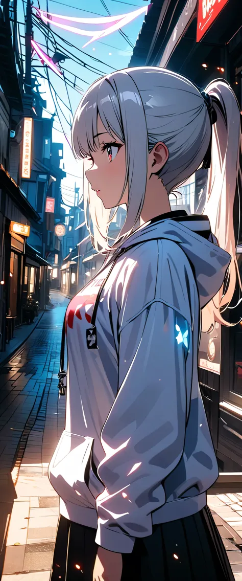 anime girl in a white shirt and black skirt standing on a street