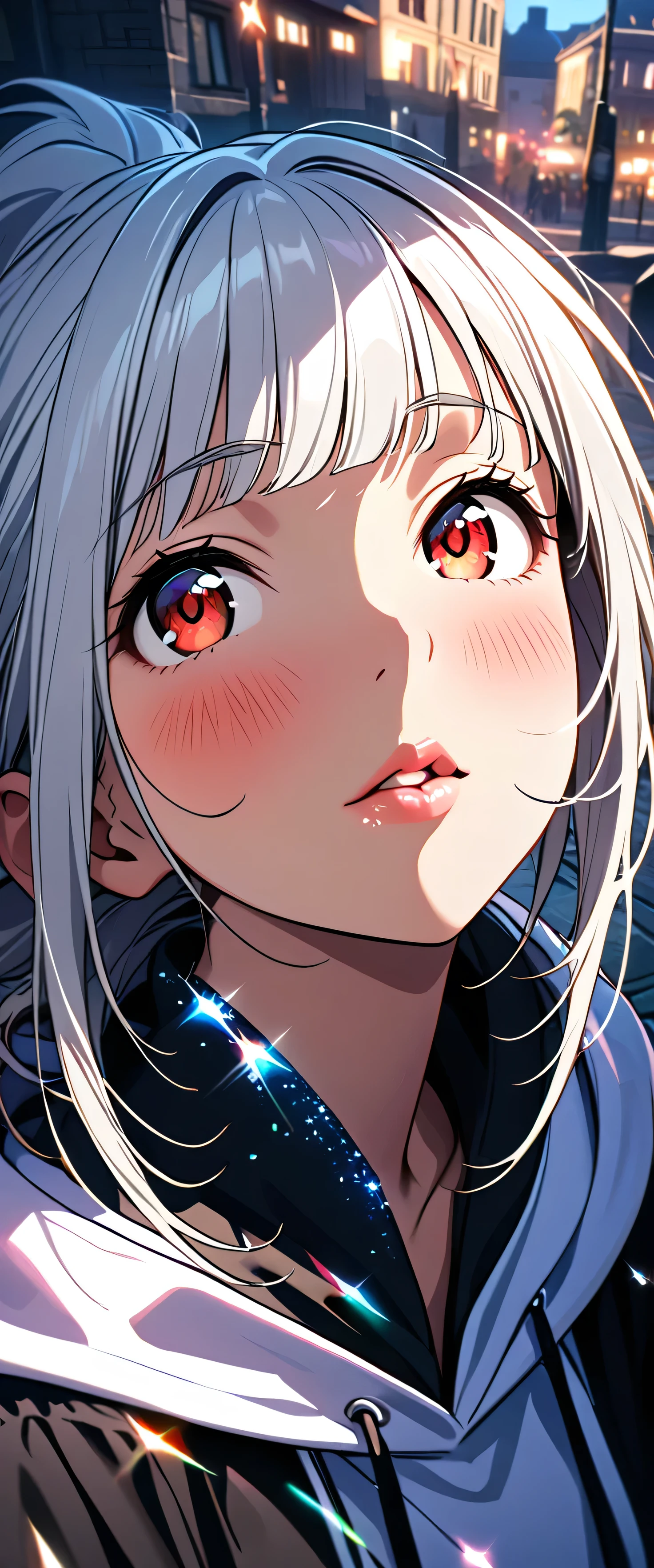 (beautiful girl: 1.3),One girl,masterpiece, Please redeem, Ultra-high resolution,Rich contrast,super high quality,8k,High-definition CG unit wallpaper,Texture,Very absurd,Ultra-high resolution,RAW Photos,Please redeem anime,Depth of written boundary 1.2,(Silver-white hair,Sharp Bob,Straight bangs),Very detailed eyes,Red Eyes,Glowing Skin,Glitter Effect,Beautiful glossy lips,Black hoodie,Pleated skirt,Town,White beautiful skin,trembling,The best smile,(Close up on lips:1.5),blush,Looking up,Embarrassing,Waiting for a kiss