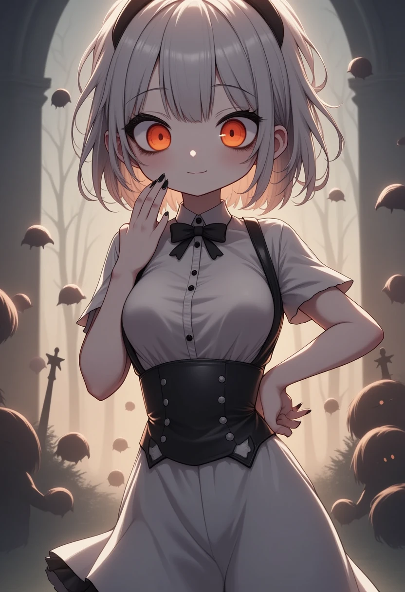 One cute girl,(Best Quality,Extremely detailed depiction,Incredibly absurd high definition,Anatomically accurate,Detailed pupil,Beautiful legs,Porcelain-like skin,High quality anime drawings:2.0),(Black and white gothic maid outfit:2.0,Maid Skirt,corset,Black tights),eyelash,(Silver Hair,Red Eyes,Eyes half closed:2.0,Embarrassed look:2.0,Large Breasts,Black lips:2.3,Heavy makeup,blush),(whole body),background:Castle,Bright atmosphere,