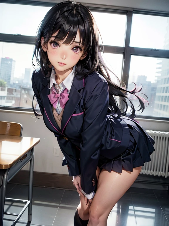 One girl, JK, 1, Highly detailed beautiful face, neat straight horizontal bangs, very long black hair, purple eyes, school uniform with navy blue blazer on top, navy blue mini pleated skirt, black socks, loafers. School classroom, leaning forward facing the viewer, standing by the window removing pink panties, legs slightly spread, dynamic angle, low angle from the front, shoujo manga style. Stop 4. (((Best quality, photorealistic:1.3, masterpiece)))