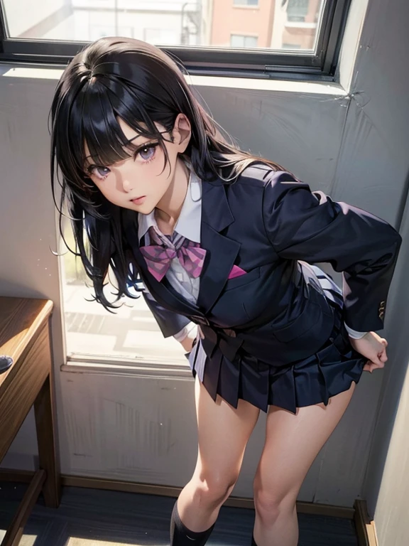 One girl, JK, 1, Highly detailed beautiful face, neat straight horizontal bangs, very long black hair, purple eyes, school uniform with navy blue blazer on top, navy blue mini pleated skirt, black socks, loafers. School classroom, leaning forward facing the viewer, standing by the window removing pink panties, legs slightly spread, dynamic angle, low angle from the front, shoujo manga style. Stop 4. (((Best quality, photorealistic:1.3, masterpiece)))