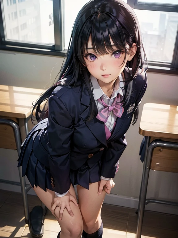 One girl, JK, 1, Highly detailed beautiful face, neat straight horizontal bangs, very long black hair, purple eyes, school uniform with navy blue blazer on top, navy blue mini pleated skirt, black socks, loafers. School classroom, leaning forward facing the viewer, standing by the window removing pink panties, legs slightly spread, dynamic angle, low angle from the front, shoujo manga style. Stop 4. (((Best quality, photorealistic:1.3, masterpiece)))