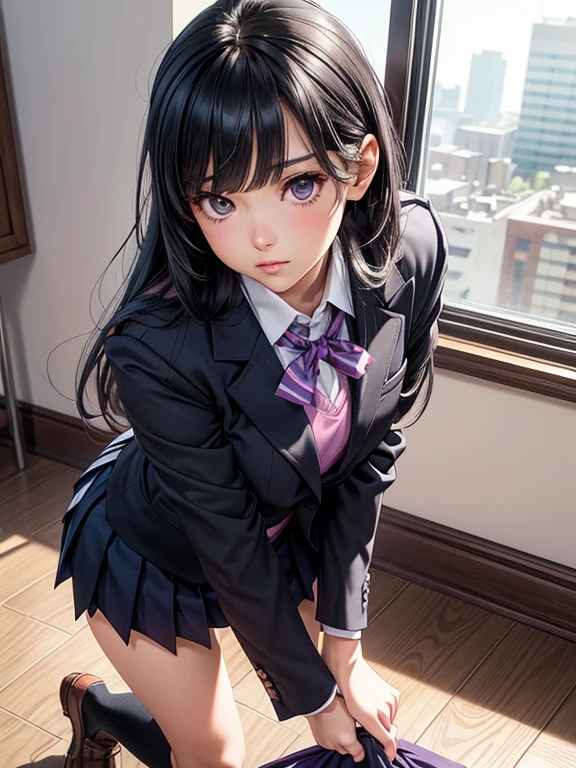 One girl, JK, 1, Highly detailed beautiful face, neat straight bangs arranged horizontally, very long black hair, purple eyes, school uniform with navy blue blazer on top, navy blue mini pleated skirt, black socks, loafers. School classroom, leaning forward facing the viewer, standing by the window removing pink panties. legs slightly spread, dynamic angle, low angle from the front, shoujo manga style. Stop 4. (((Best quality, photorealistic:1.3, masterpiece)))