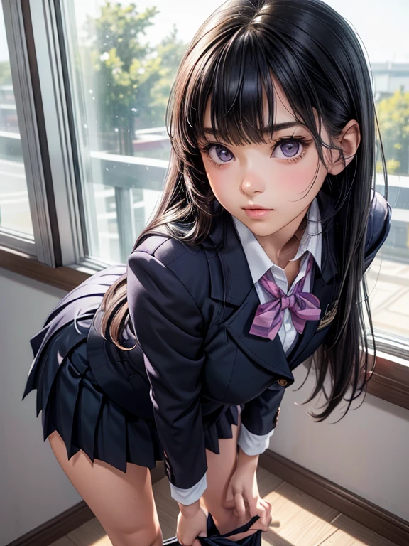 One girl, JK, 18 yo, Highly detailed beautiful face, neat straight bangs arranged horizontally, very long black hair, purple eyes, school uniform with navy blue blazer on top, navy blue mini pleated skirt, black socks, loafers. School classroom, leaning forward facing the viewer, standing by the window removing pink panties, In the middle of changing of clothes. legs slightly spread, dynamic angle, low angle from the front, shoujo manga style. Photogenic, Stop 4. (((Best quality, photorealistic:1.3, High resolution, masterpiece)))