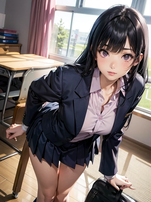 One girl, JK, 18 yo, Highly detailed beautiful face, neat straight bangs arranged horizontally, very long black hair, purple eyes, school uniform with navy blue blazer on top, navy blue mini pleated skirt, black socks, loafers. School classroom, leaning forward facing the viewer, standing by the window removing pink panties, In the middle of changing of clothes. legs slightly spread, dynamic angle, low angle from the front, shoujo manga style. Photogenic, Stop 4. (((Best quality, photorealistic:1.3, High resolution, masterpiece)))