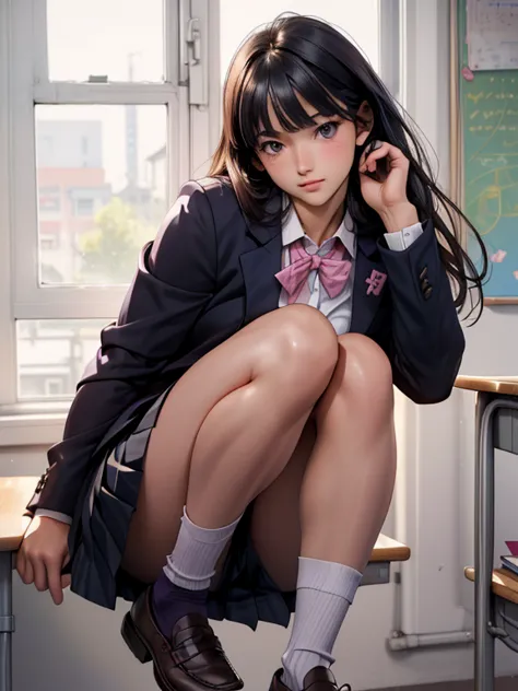 one girl, jk, 18 yo, highly detailed beautiful face, neat straight bangs arranged horizontally, very long black hair, purple eye...