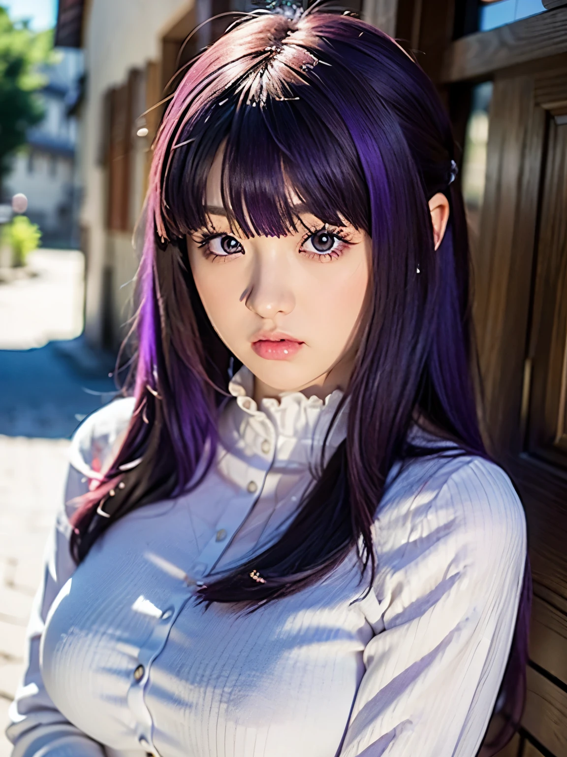 1girl, Alone, 17 yo, teenager, FernBase,
BREAK (((white dress, collared dress, long sleeve))), pink lip, purple pupils, (purple hair:1.5), very long hair, sidelocks, hair ornament, purple eyes, long hair, half updo, 
BREAK (see-through silhouette:1.15), (nipples through:0.5) 
BREAK slender body, short stature, (huge breasts, sagging breasts), (pout:1.3), 
BREAK upper body, dynamic angle, face focus,  look at viewer,
BREAK cobblestone streets in a medieval town, historic European village,
BREAK night sky with stars,
BREAK (Shot with a Canon EOS 5D Mark 4 and a Canon EF 85mm F1 lens.2L lens, F-stop 1.2, ISO50, Shutter Speed ), 
BREAK beautiful and Beautiful Eyes, perfection, perfection, roll your eyes, Detailed face, Beautiful Eyes, Superior Quality, masterpieceHighly detailed, High level of detail, Many details, high quality, Cinematic Light, Real Hands, (Ultra-realistic:1.3), Perfection eyes, Detailed skin, Skin wounds, Lip gloss, 