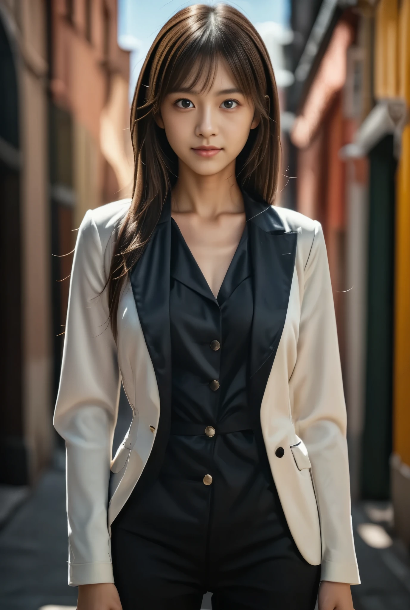 photo of Japanese girl, focus on the eyes, 1girl, long hair, brown hair, slim body shape, photograph showing head to knee, high contrast, faint smile, 

she wears a striking black and white ensemble consisting of a bold oversized blazer with a unique asymmetrical design. the front and sleeves of the blazer are black, while the back and sides are white, creating a striking contrast. the blazer is paired with high-waisted black trousers, which drape elegantly, colourful streets of Burano in background