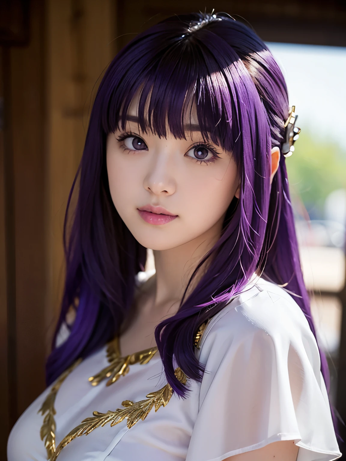 1girl, solo, 17 yo, teenager, (purple hair:1.5), long hair, very long hair, sidelocks, hair ornament, purple eyes, 
BREAK FernDress, purple pupils, hair bun, sidelocks, white dress, gold trim, short sleeves, elbow gloves, white gloves
 BREAK (see-through silhouette:1.15), (nipples through:0.5) 
BREAK slender body, short stature, (huge breasts, sagging breasts), smile,
BREAK dynamic angle, face focus, looking side,
BREAK FernBase, purple pupils, long hair, half updo, white dress, collared dress, (black robe),
BREAK (Shot with a Canon EOS 5D Mark 4 and a Canon EF 85mm F1 lens.2L Lens, F-stop 1.2, ISO50, Shutter Speed ), 
BREAK beautiful and Beautiful Eyes, perfection, perfection, roll your eyes, Detailed face, Beautiful Eyes, Superior Quality, masterpieceHighly detailed, High level of detail, Many details, high quality, Cinematic Light, Real Hands, (Ultra-realistic:1.3), perfectionな目, Detailed skin, Skin wounds, Lip gloss, 