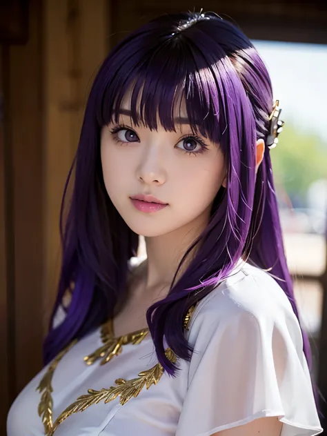 1girl, solo, 17 yo, teenager, (purple hair:1.5), long hair, very long hair, sidelocks, hair ornament, purple eyes, 
break ferndr...