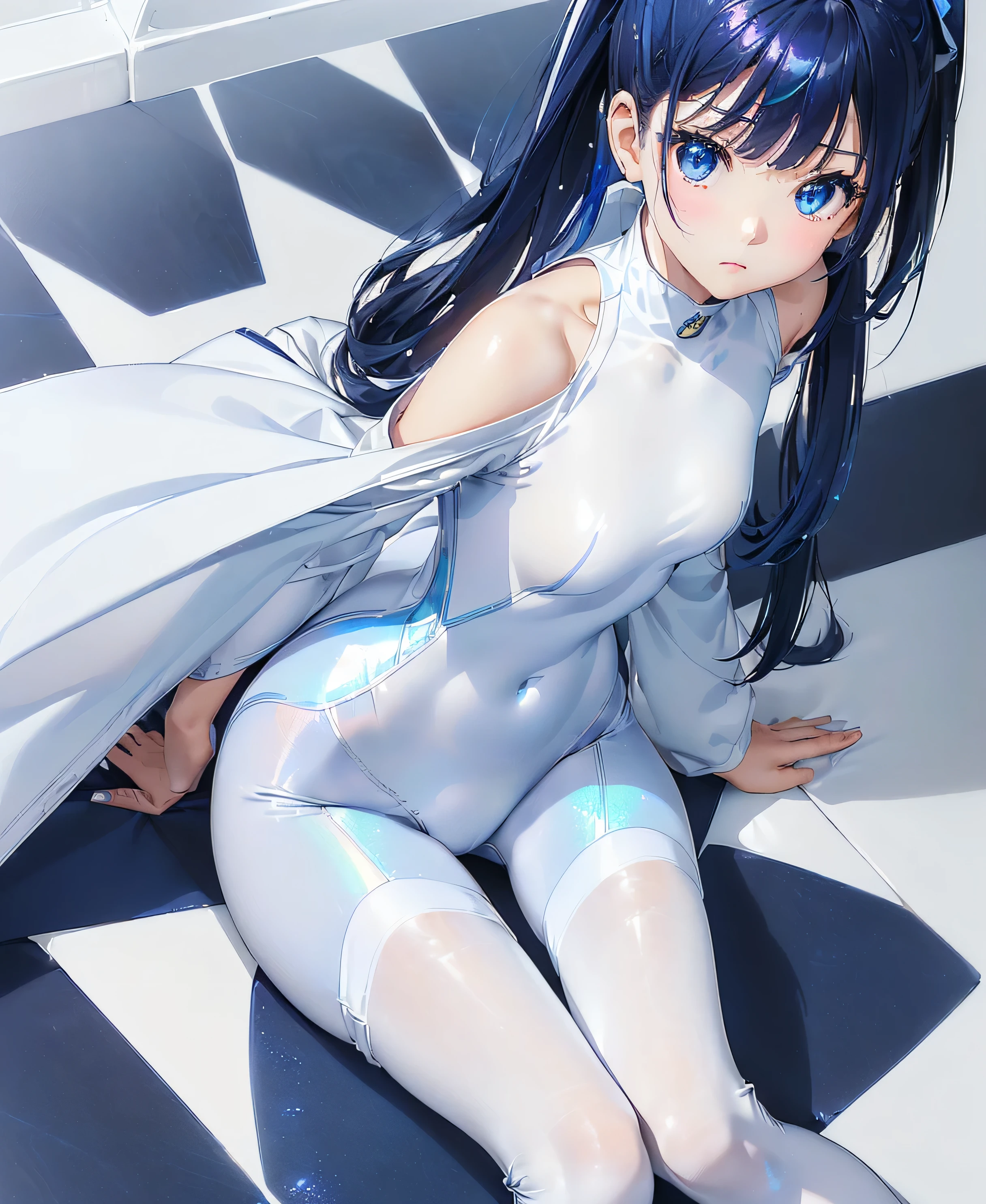 ((Holographic glow effect)),(masterpiece、Best Quality、Highest Resolution、Clear_image、Detailed details、The angle is from above): (solo、A girl alone、Japanese Faces、High knot ponytail、Dark blue hair girl、Small breasts、（Perfect body：1.4）、Sparkling blue eyes、(White and navy blue zero suit、White and navy bodysuit、White and navy tight-fitting clothing、Wear full white and navy blue cover、White and navy thigh-covering pants、White and navy shoulder cover outfit、White and navy cropped jacket、White and navy shiny clothes、Navy blue tight-fitting pants that hide the legs、Clothing that doesn&#39;t attract skin、Clothes that hide the skin、Armor to hide the chest)、Very delicate and beautiful、Detailed Skin、Slim body、Exoskeleton、Cute、A gentle smile、Soft expression、heroine、White and navy blue long boots、Elbow-length gloves)、Mscockpit,cockpit,Fantasy,ROMANCE,action,SCIENCE FICTION,TEEROR,COMICS,NFWS,hero,Mecha,Mechanical,mechanical body,Cartoon,Polished floor