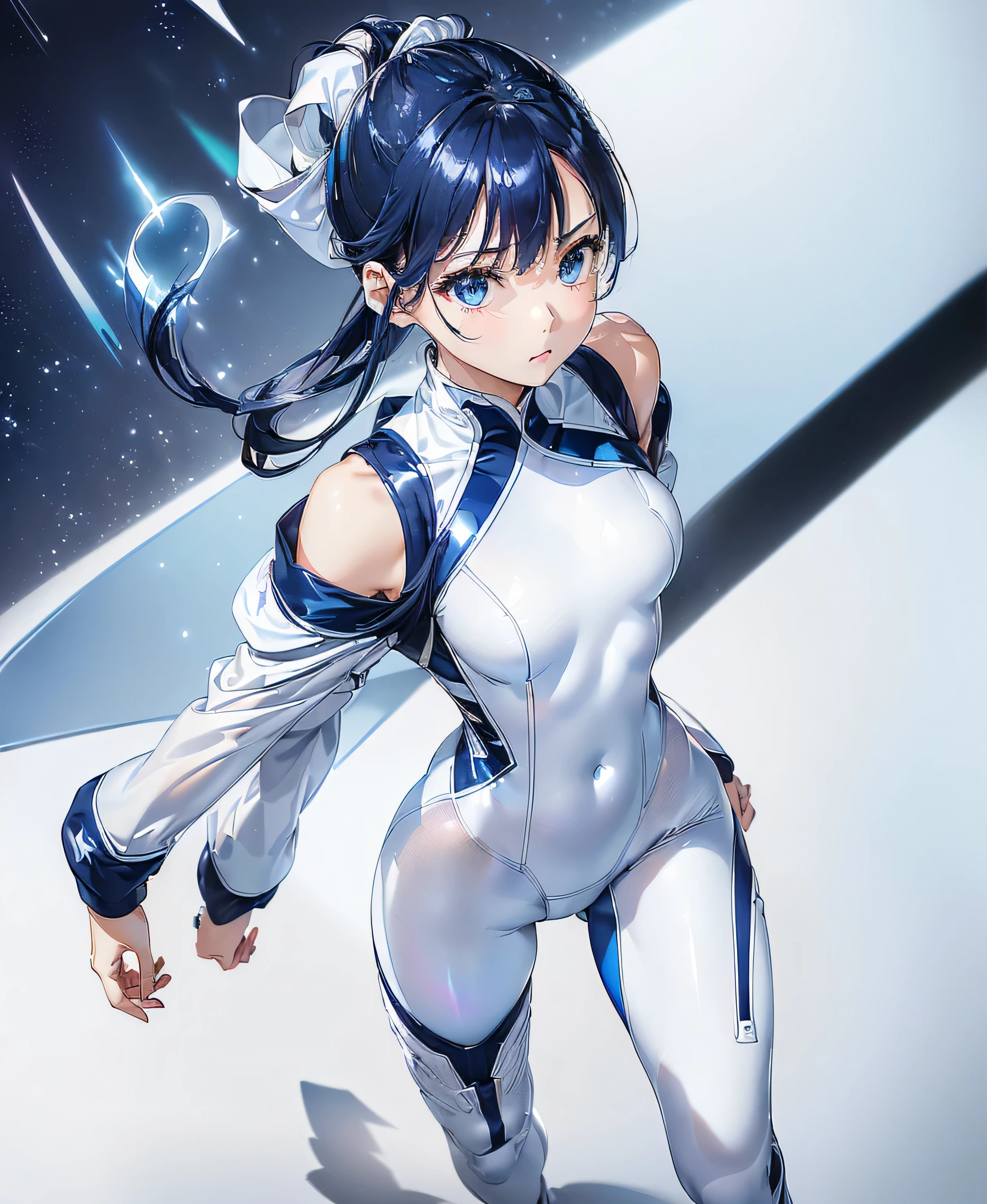 ((Holographic glow effect)),(masterpiece、Best Quality、Highest Resolution、Clear_image、Detailed details、The angle is from above): (solo、A girl alone、Japanese Faces、High knot ponytail、Dark blue hair girl、Small breasts、（Perfect body：1.4）、Sparkling blue eyes、(White and navy blue zero suit、White and navy bodysuit、White and navy tight-fitting clothing、Wear full white and navy blue cover、White and navy thigh-covering pants、White and navy shoulder cover outfit、White and navy cropped jacket、White and navy shiny clothes、Navy blue tight-fitting pants that hide the legs、Clothing that doesn&#39;t attract skin、Clothes that hide the skin、Armor to hide the chest)、Very delicate and beautiful、Detailed Skin、Slim body、Exoskeleton、Cute、A gentle smile、Soft expression、heroine、White and navy blue long boots、Elbow-length gloves)、Mscockpit,cockpit,Fantasy,ROMANCE,action,SCIENCE FICTION,TEEROR,COMICS,NFWS,hero,Mecha,Mechanical,mechanical body,Cartoon,Polished floor