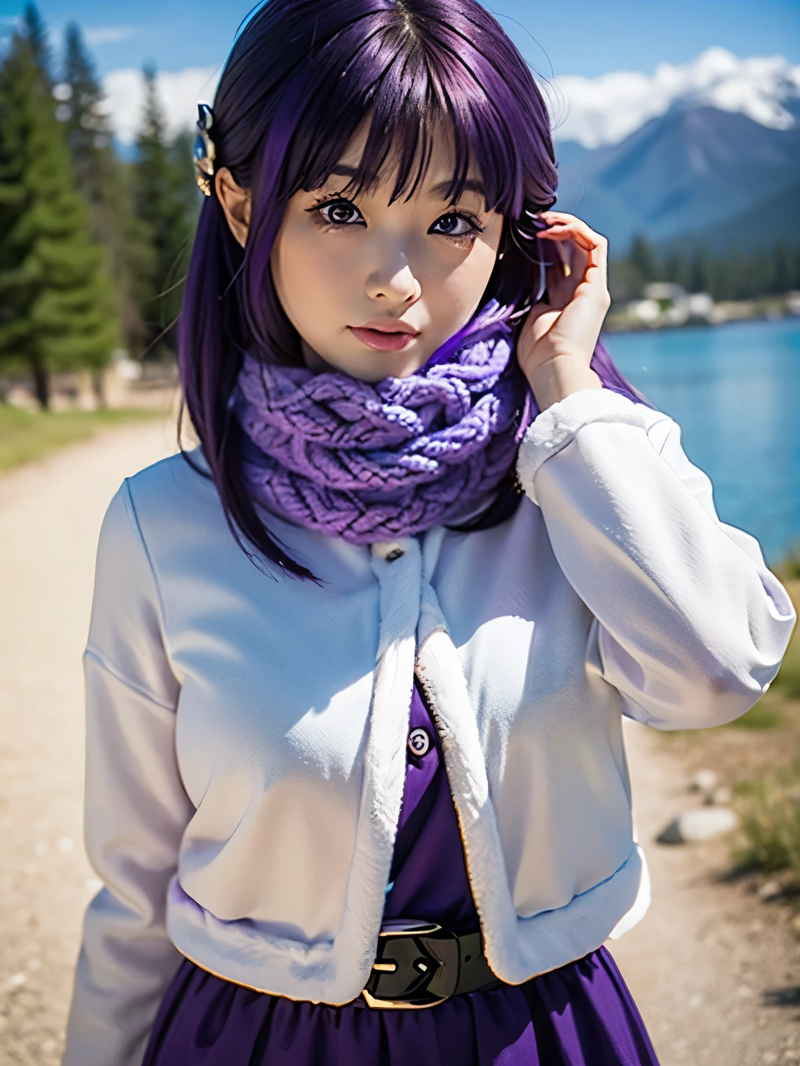 1girl, solo, 17 yo, teenager, (purple hair:1.5), long hair, very long hair, sidelocks, hair ornament, purple eyes, 
BREAK FernWinter, purple pupils, long hair, half updo, ((blue scarf, black dress, white jacket)), fur-trim, cropped jacket, black belt,
BREAK slender body, short stature, (huge breasts, sagging breasts), smile,
BREAK upper body, cinematic angle, (hands in own hair:1.5),
BREAK snowy mountain, winter mountains, mountain path, view from mountain top, 
nordic mountains,
BREAK (Shot with a Canon EOS 5D Mark 4 and a Canon EF 85mm F1 lens.2L Lens, F-stop 1.2, ISO50, Shutter Speed ), 
BREAK beautiful and Beautiful Eyes, perfection, perfection, roll your eyes, Detailed face, Beautiful Eyes, Superior Quality, masterpieceHighly detailed, High level of detail, Many details, high quality, Cinematic Light, Real Hands, (Ultra-realistic:1.3), perfectionな目, Detailed skin, Skin wounds, Lip gloss, 