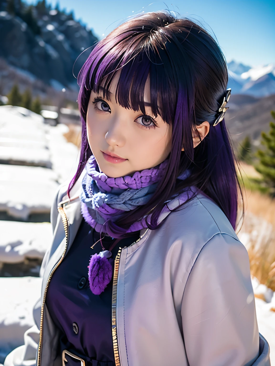 1girl, solo, 17 yo, teenager, (purple hair:1.5), long hair, very long hair, sidelocks, hair ornament, purple eyes, 
BREAK FernWinter, purple pupils, long hair, half updo, ((blue scarf, black dress, white jacket)), fur-trim, cropped jacket, black belt,
BREAK slender body, short stature, (huge breasts, sagging breasts), smile,
BREAK upper body, cinematic angle, walking style,
BREAK snowy mountain, winter mountains, mountain path, view from mountain top, 
BREAK (Shot with a Canon EOS 5D Mark 4 and a Canon EF 85mm F1 lens.2L Lens, F-stop 1.2, ISO50, Shutter Speed ), 
BREAK beautiful and Beautiful Eyes, perfection, perfection, roll your eyes, Detailed face, Beautiful Eyes, Superior Quality, masterpieceHighly detailed, High level of detail, Many details, high quality, Cinematic Light, Real Hands, (Ultra-realistic:1.3), perfectionな目, Detailed skin, Skin wounds, Lip gloss, 