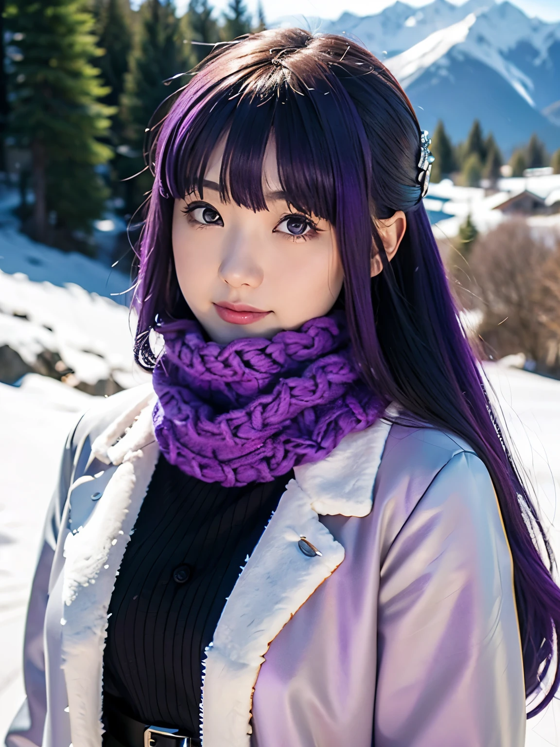 1girl, solo, 17 yo, teenager, (purple hair:1.5), long hair, very long hair, sidelocks, hair ornament, purple eyes, 
BREAK slender body, short stature, (huge breasts, sagging breasts), smile,
BREAK FernWinter, purple pupils, long hair, half updo, ((blue scarf, black dress, white jacket)), fur-trim, cropped jacket, black belt,
BREAK upper body, cinematic angle, walking style,
BREAK snowy mountain, winter mountains, mountain path, view from mountain top, 
BREAK (Shot with a Canon EOS 5D Mark 4 and a Canon EF 85mm F1 lens.2L Lens, F-stop 1.2, ISO50, Shutter Speed ), 
BREAK beautiful and Beautiful Eyes, perfection, perfection, roll your eyes, Detailed face, Beautiful Eyes, Superior Quality, masterpieceHighly detailed, High level of detail, Many details, high quality, Cinematic Light, Real Hands, (Ultra-realistic:1.3), perfectionな目, Detailed skin, Skin wounds, Lip gloss, 