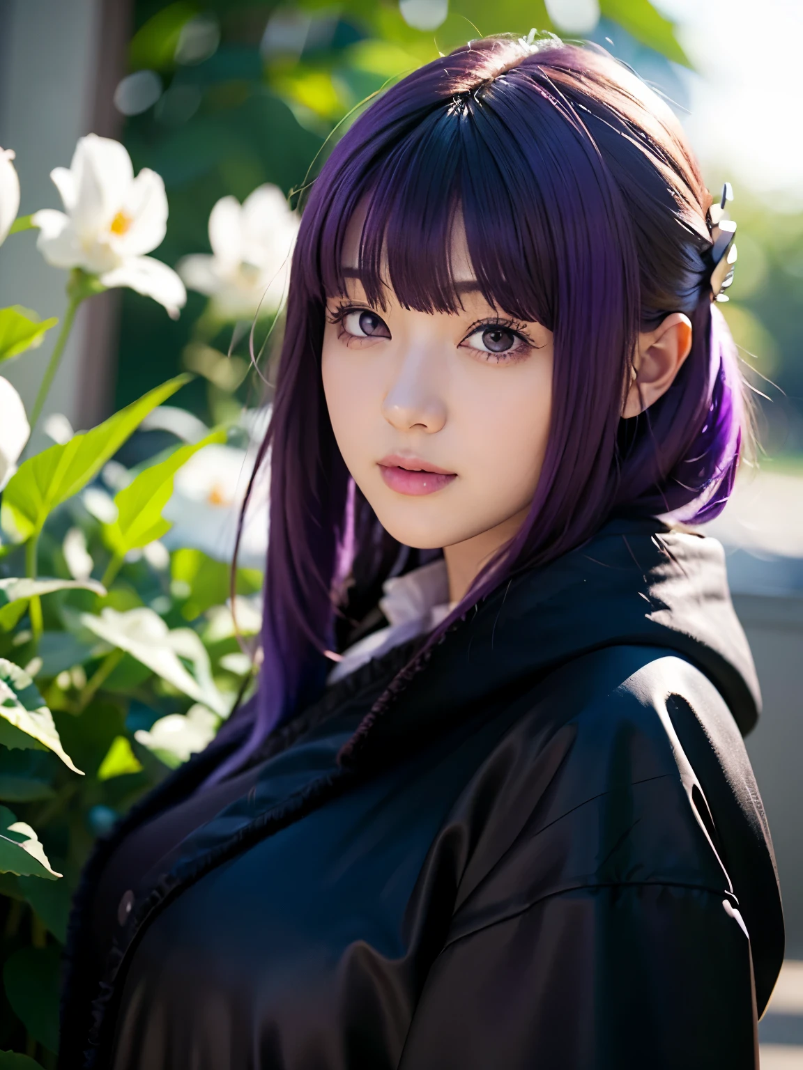 1girl, solo, 17 yo, teenager, (purple hair:1.5), long hair, sidelocks, hair ornament, purple eyes, 
BREAK slender body, short stature, (full Breasts), smile,
BREAK FernBase, purple pupils, long hair, half updo, white dress, collared dress, (((black robe, long sleeve))), 
BREAK upper body,
BREAK (((photorealistic)))masterpiece, best quality, ultra-detailed, butterflies, field of flowers,light particles, perspective from below, no humans, ((dynamic angle)),highly detailed CG HiRes 8k,
BREAK (Shot with a Canon EOS 5D Mark 4 and a Canon EF 85mm F1 lens.2L Lens, F-stop 1.2, ISO50, Shutter Speed ), 
BREAK beautiful and Beautiful Eyes, perfection, perfection, roll your eyes, Detailed face, Beautiful Eyes, Superior Quality, masterpieceHighly detailed, High level of detail, Many details, high quality, Cinematic Light, Real Hands, (Ultra-realistic:1.3), perfectionな目, Detailed skin, Skin wounds, Lip gloss, 