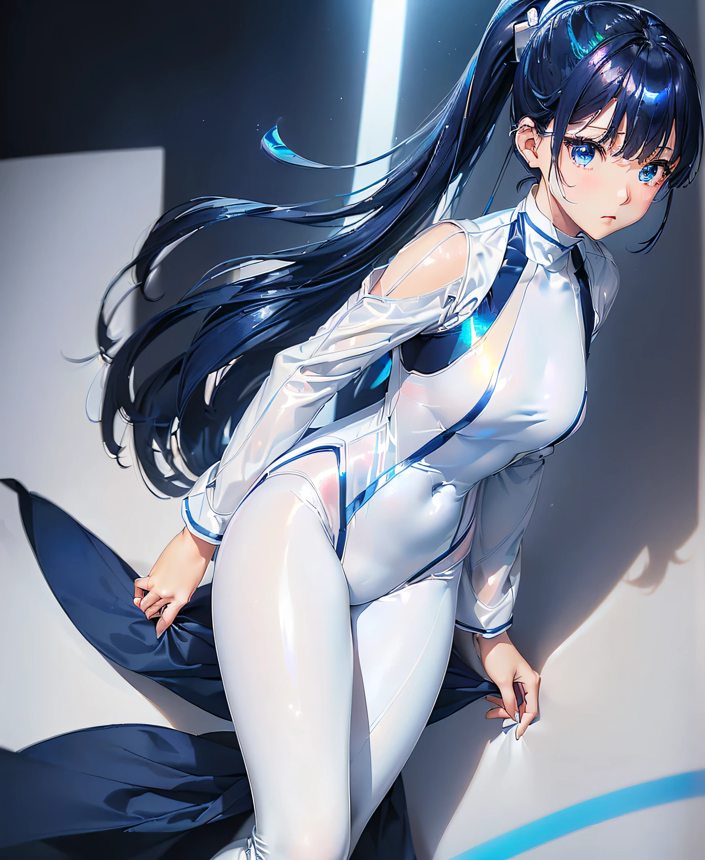 ((Holographic glow effect)),(masterpiece、Best Quality、Highest Resolution、Clear_image、Detailed details、The angle is from above): (solo、A girl alone、Japanese Faces、High knot ponytail、Dark blue hair girl、Small breasts、（Perfect body：1.4）、Sparkling blue eyes、(White and navy blue zero suit、White and navy bodysuit、White and navy tight-fitting clothing、Wear full white and navy blue cover、White and navy thigh-covering pants、White and navy shoulder cover outfit、White and navy cropped jacket、White and navy shiny clothes、Navy blue tight-fitting pants that hide the legs、Clothing that doesn&#39;t attract skin、Clothes that hide the skin、Armor to hide the chest)、Very delicate and beautiful、Detailed Skin、Slim body、Exoskeleton、Cute、A gentle smile、Soft expression、heroine、White and navy blue long boots、Elbow-length gloves)、Mscockpit,cockpit,Fantasy,ROMANCE,action,SCIENCE FICTION,TEEROR,COMICS,NFWS,hero,Mecha,Mechanical,mechanical body,Cartoon,Polished floor