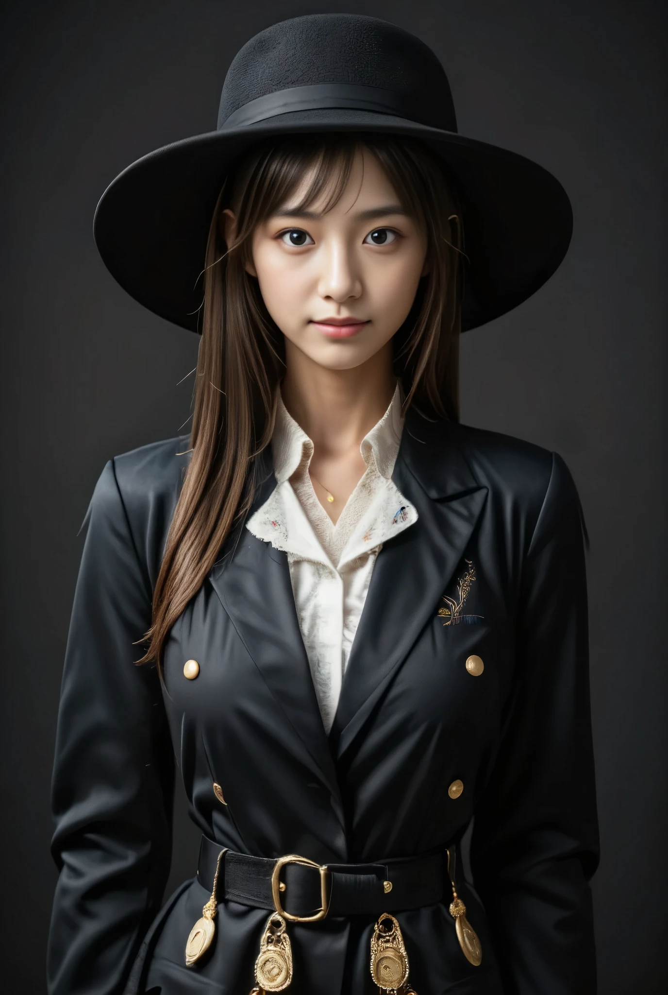 photo of Japanese girl, focus on the eyes, 1girl, long hair, brown hair, slim body shape, photograph showing head to knee, high contrast, faint smile, 

The model is wearing an avant-garde outfit that combines elements of traditional and modern fashion. The top is a striking black and white ensemble featuring a high-necked, wide-brimmed black hat with a white collar. The hat is paired with a black blazer with oversized sleeves and a white ruffled lapel, creating a bold, contrasted look. Underneath, the model wears a black, high-waisted skirt with a textured, almost quilted appearance. The skirt is accentuated with a gold belt with dangling charms, adding a touch of elegance and luxury.