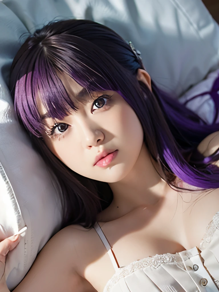 1girl, Alone, 17 yo, teenager, FernBase,
BREAK (((white dress))), pink lip, purple pupils, (purple hair:1.5), very long hair, sidelocks, hair ornament, purple eyes, long hair, half updo, 
BREAK (see-through silhouette:1.15), (nipples through:0.5) 
BREAK slender body, short stature, (huge breasts, sagging breasts), smile, 
BREAK upper body, (high angle:1.5), ((lying on a bed)), reclining,
BREAK historic European village, bedroom, on the bed 
BREAK night sky with stars,
BREAK (Shot with a Canon EOS 5D Mark 4 and a Canon EF 85mm F1 lens.2L lens, F-stop 1.2, ISO50, Shutter Speed ), 
BREAK beautiful and Beautiful Eyes, perfection, perfection, roll your eyes, Detailed face, Beautiful Eyes, Superior Quality, masterpieceHighly detailed, High level of detail, Many details, high quality, Cinematic Light, Real Hands, (Ultra-realistic:1.3), Perfection eyes, Detailed skin, Skin wounds, Lip gloss, 