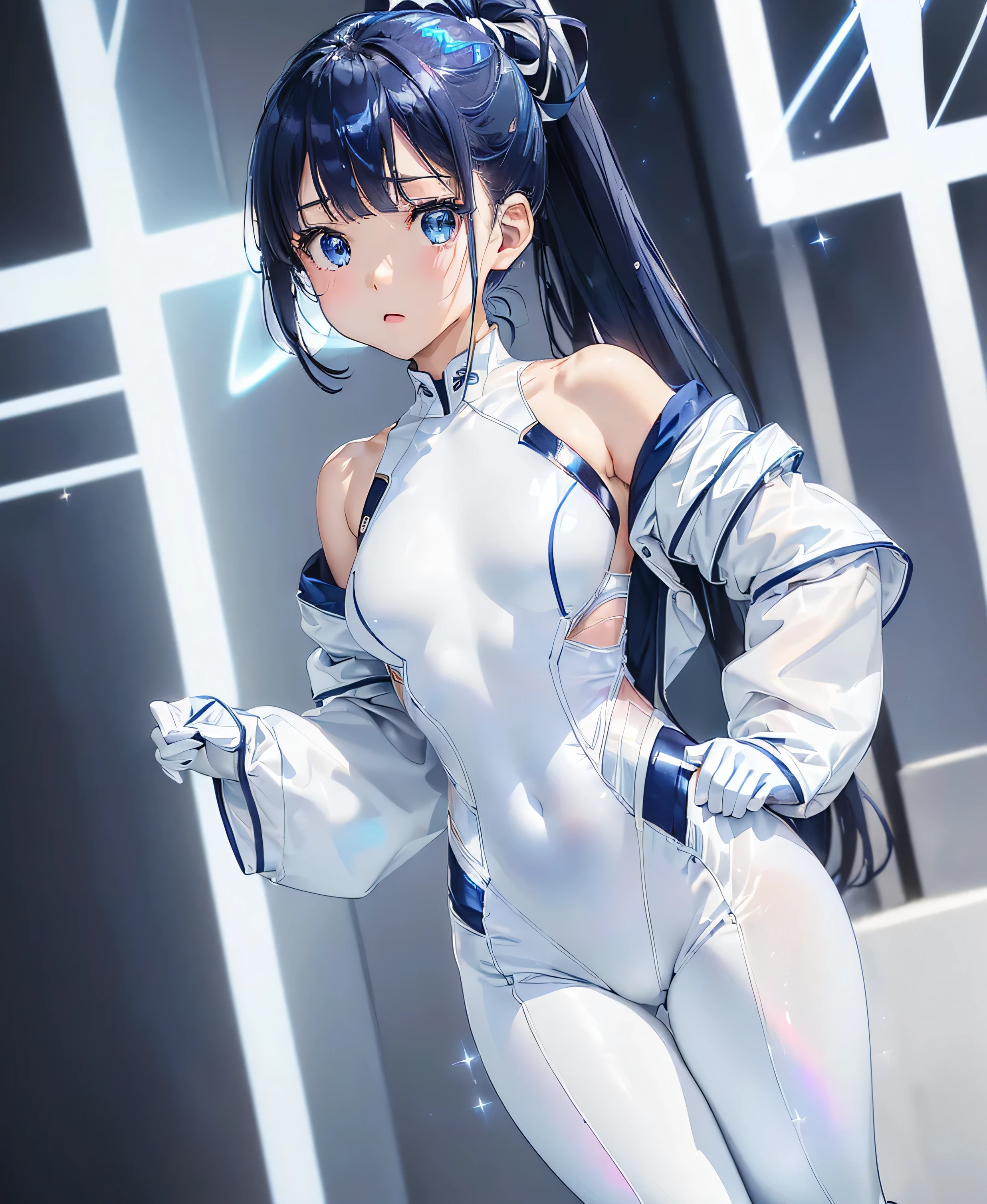 ((Holographic glow effect)),(masterpiece、Best Quality、Highest Resolution、Clear_image、Detailed details、The angle is from above): (solo、A girl alone、Japanese Faces、High knot ponytail、Dark blue hair girl、Small breasts、（Perfect body：1.4）、Sparkling blue eyes、(White and navy blue zero suit、White and navy bodysuit、White and navy tight-fitting clothing、Wear full white and navy blue cover、White and navy thigh-covering pants、White and navy shoulder cover outfit、White and navy cropped jacket、White and navy shiny clothes、Navy blue tight-fitting pants that hide the legs、Clothing that doesn&#39;t attract skin、Clothes that hide the skin、Armor to hide the chest)、Very delicate and beautiful、Detailed Skin、Slim body、Exoskeleton、Cute、A gentle smile、Soft expression、heroine、White and navy blue long boots、Elbow-length gloves)、Mscockpit,cockpit,Fantasy,ROMANCE,action,SCIENCE FICTION,TEEROR,COMICS,NFWS,hero,Mecha,Mechanical,mechanical body,Cartoon,Polished floor