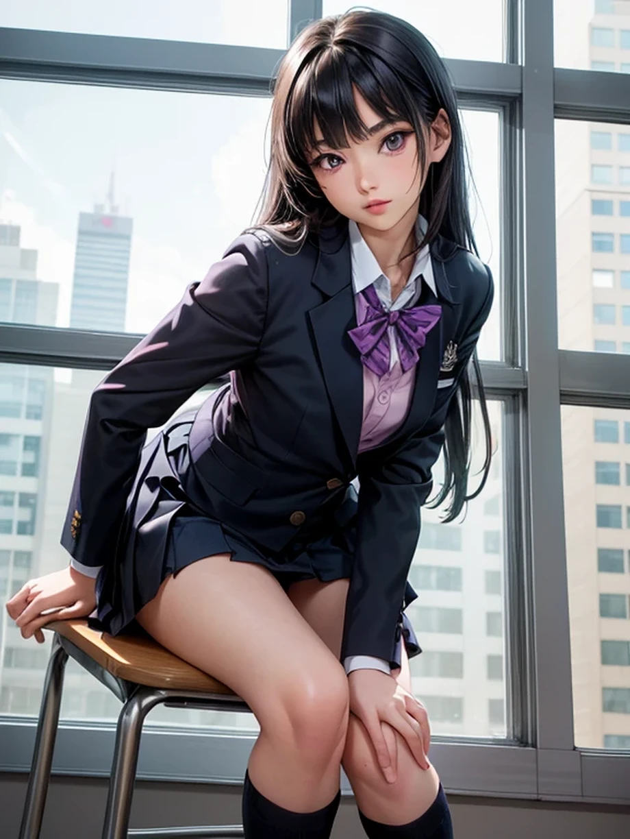 One girl, JK, 18 yo, Highly detailed beautiful face, neat straight bangs arranged horizontally, very long black hair, purple eyes, school uniform with navy blue blazer on top, navy blue mini pleated skirt, black socks, loafers. School classroom, leaning forward facing the viewer, standing by the window removing pink panties, In the middle of changing of clothes. legs slightly spread, dynamic angle, low angle from the front, shoujo manga style. Photogenic, Stop 4. (((Best quality, photorealistic:1.3, High resolution, masterpiece)))