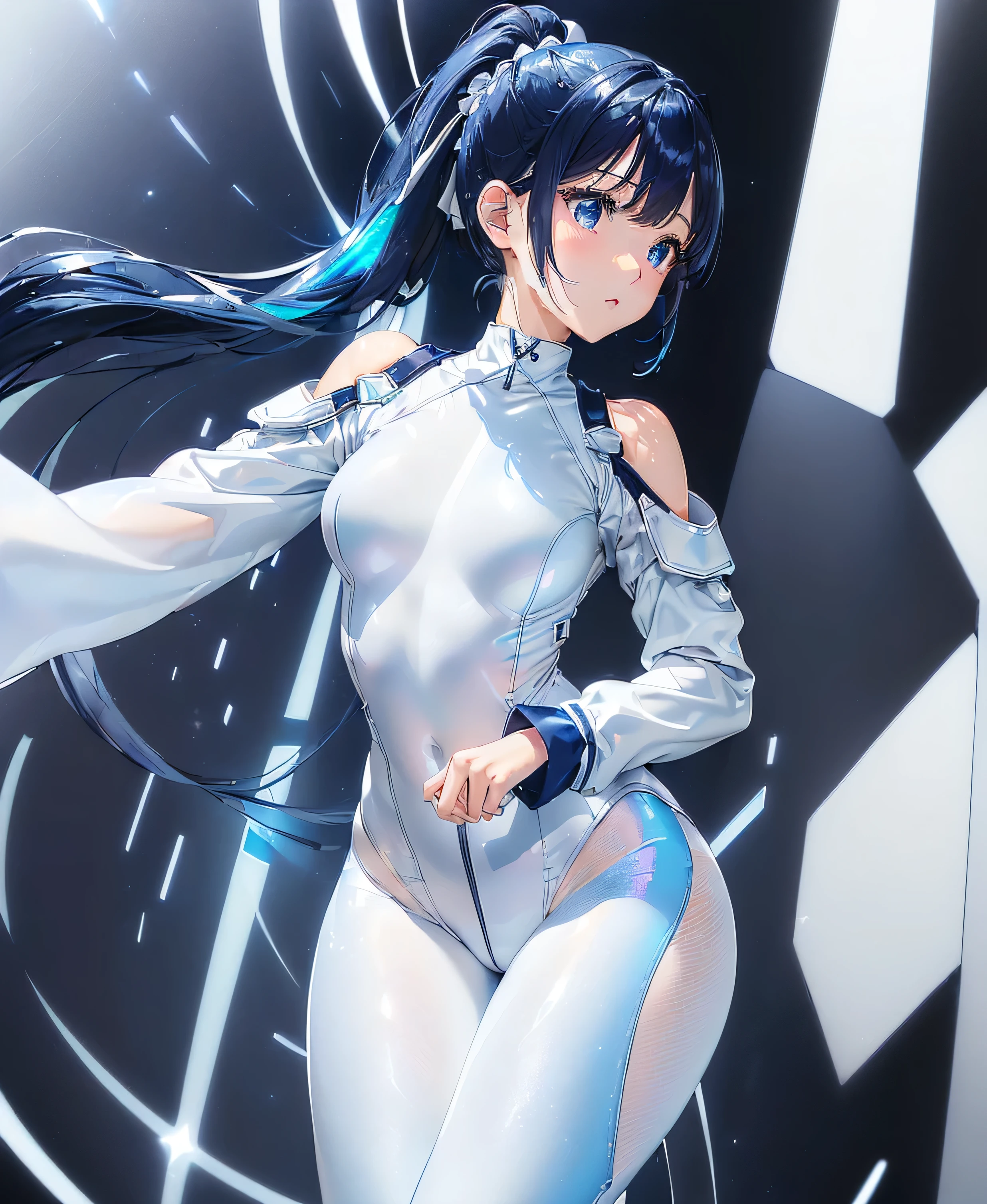 ((Holographic glow effect)),(masterpiece、Best Quality、Highest Resolution、Clear_image、Detailed details、The angle is from above): (solo、A girl alone、Japanese Faces、High knot ponytail、Dark blue hair girl、Small breasts、（Perfect body：1.4）、Sparkling blue eyes、(White and navy blue zero suit、White and navy bodysuit、White and navy tight-fitting clothing、Wear full white and navy blue cover、White and navy thigh-covering pants、White and navy shoulder cover outfit、White and navy cropped jacket、White and navy shiny clothes、Navy blue tight-fitting pants that hide the legs、Clothing that doesn&#39;t attract skin、Clothes that hide the skin、Armor to hide the chest)、Very delicate and beautiful、Detailed Skin、Slim body、Exoskeleton、Cute、A gentle smile、Soft expression、heroine、White and navy blue long boots、Elbow-length gloves)、Mscockpit,cockpit,Fantasy,ROMANCE,action,SCIENCE FICTION,TEEROR,COMICS,NFWS,hero,Mecha,Mechanical,mechanical body,Cartoon,Polished floor