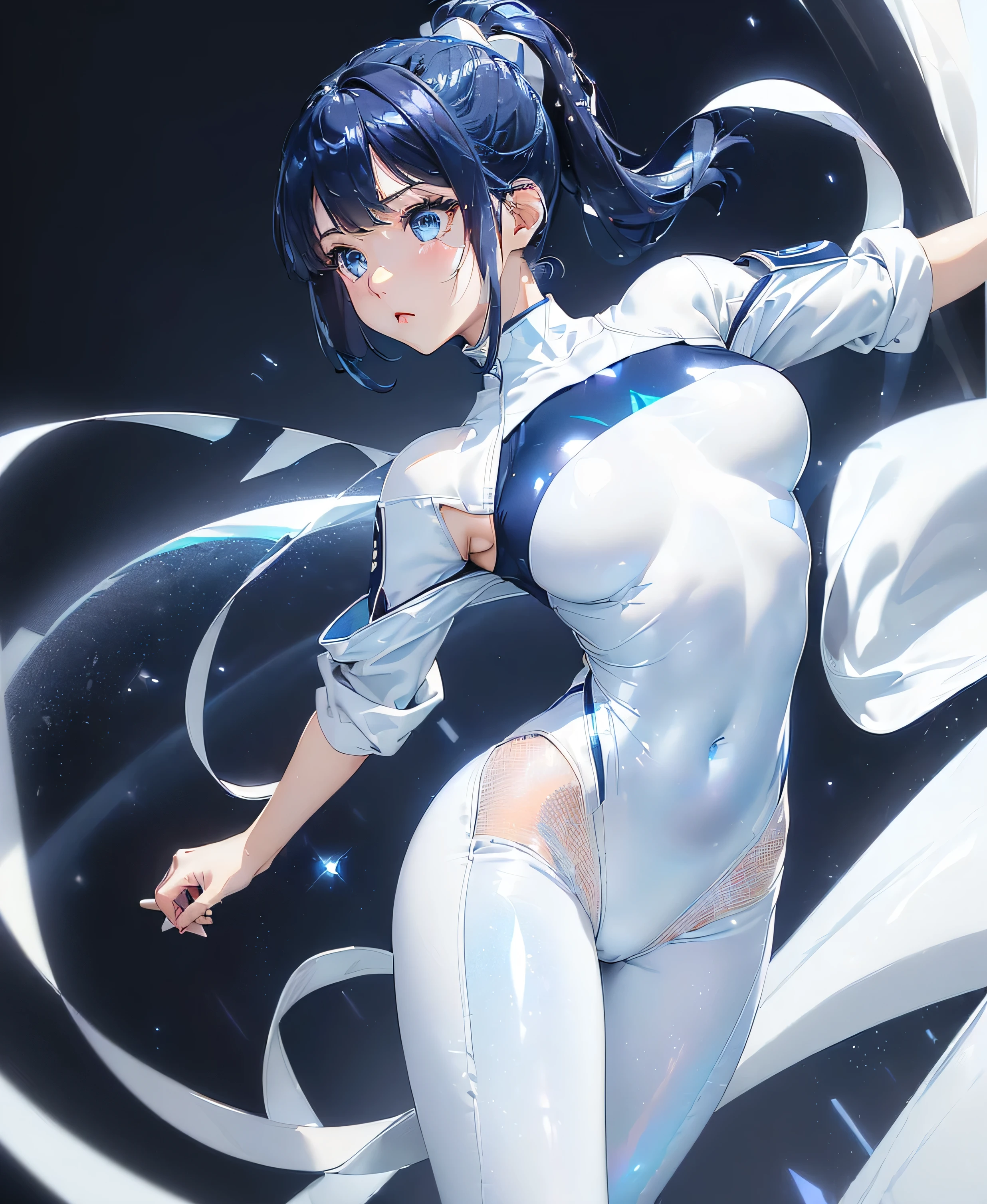 ((Holographic glow effect)),(masterpiece、Best Quality、Highest Resolution、Clear_image、Detailed details、The angle is from above): (solo、A girl alone、Japanese Faces、High knot ponytail、Dark blue hair girl、Small breasts、（Perfect body：1.4）、Sparkling blue eyes、(White and navy blue zero suit、White and navy bodysuit、White and navy tight-fitting clothing、Wear full white and navy blue cover、White and navy thigh-covering pants、White and navy shoulder cover outfit、White and navy cropped jacket、White and navy shiny clothes、Navy blue tight-fitting pants that hide the legs、Clothing that doesn&#39;t attract skin、Clothes that hide the skin、Armor to hide the chest)、Very delicate and beautiful、Detailed Skin、Slim body、Exoskeleton、Cute、A gentle smile、Soft expression、heroine、White and navy blue long boots、Elbow-length gloves)、Mscockpit,cockpit,Fantasy,ROMANCE,action,SCIENCE FICTION,TEEROR,COMICS,NFWS,hero,Mecha,Mechanical,mechanical body,Cartoon,Polished floor