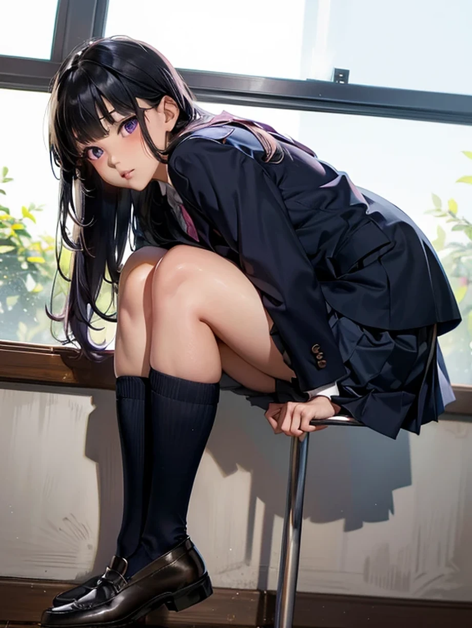 One girl, JK, 1, Highly detailed beautiful face, neat straight horizontal bangs, very long black hair, purple eyes, school uniform with navy blue blazer on top, navy blue mini pleated skirt, black socks, loafers. School classroom, leaning forward facing the viewer, standing by the window removing pink panties, legs slightly spread, dynamic angle, low angle from the front, shoujo manga style. Stop 4. (((Best quality, photorealistic:1.3, masterpiece)))