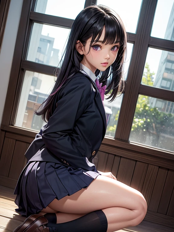 One girl, JK, 18 yo, Highly detailed beautiful face, neat straight bangs arranged horizontally, very long black hair, purple eyes, school uniform with navy blue blazer on top, navy blue mini pleated skirt, black socks, loafers. School classroom, leaning forward facing the viewer, standing by the window removing pink panties, In the middle of changing of clothes. legs slightly spread, dynamic angle, low angle from the front, shoujo manga style. Photogenic, Stop 4. (((Best quality, photorealistic:1.3, High resolution, masterpiece)))