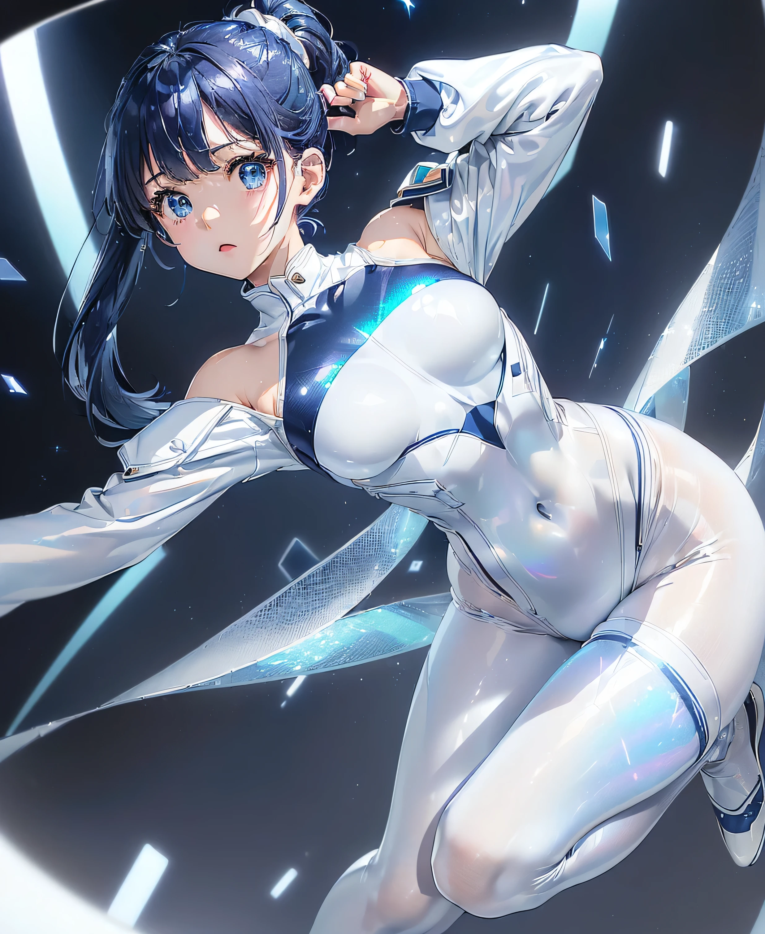 ((Holographic glow effect)),(masterpiece、Best Quality、Highest Resolution、Clear_image、Detailed details、The angle is from above): (solo、A girl alone、Japanese Faces、High knot ponytail、Dark blue hair girl、Small breasts、（Perfect body：1.4）、Sparkling blue eyes、(White and navy blue zero suit、White and navy bodysuit、White and navy tight-fitting clothing、Wear full white and navy blue cover、White and navy thigh-covering pants、White and navy shoulder cover outfit、White and navy cropped jacket、White and navy shiny clothes、Navy blue tight-fitting pants that hide the legs、Clothing that doesn&#39;t attract skin、Clothes that hide the skin、Armor to hide the chest)、Very delicate and beautiful、Detailed Skin、Slim body、Exoskeleton、Cute、A gentle smile、Soft expression、heroine、White and navy blue long boots、Elbow-length gloves)、Mscockpit,cockpit,Fantasy,ROMANCE,action,SCIENCE FICTION,TEEROR,COMICS,NFWS,hero,Mecha,Mechanical,mechanical body,Cartoon,Polished floor