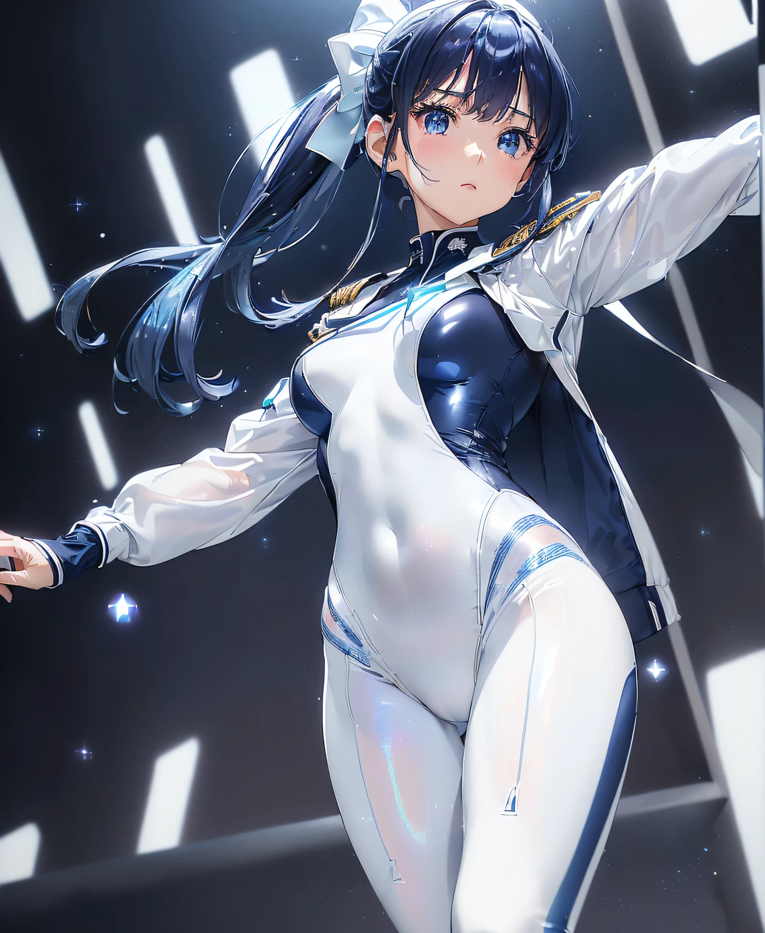 ((Holographic glow effect)),(masterpiece、Best Quality、Highest Resolution、Clear_image、Detailed details、The angle is from above): (solo、A girl alone、Japanese Faces、High knot ponytail、Dark blue hair girl、Small breasts、（Perfect body：1.4）、Sparkling blue eyes、(White and navy blue zero suit、White and navy bodysuit、White and navy tight-fitting clothing、Wear full white and navy blue cover、White and navy thigh-covering pants、White and navy shoulder cover outfit、White and navy cropped jacket、White and navy shiny clothes、Navy blue tight-fitting pants that hide the legs、Clothing that doesn&#39;t attract skin、Clothes that hide the skin、Armor to hide the chest)、Very delicate and beautiful、Detailed Skin、Slim body、Exoskeleton、Cute、A gentle smile、Soft expression、heroine、White and navy blue long boots、Elbow-length gloves)、Mscockpit,cockpit,Fantasy,ROMANCE,action,SCIENCE FICTION,TEEROR,COMICS,NFWS,hero,Mecha,Mechanical,mechanical body,Cartoon,Polished floor