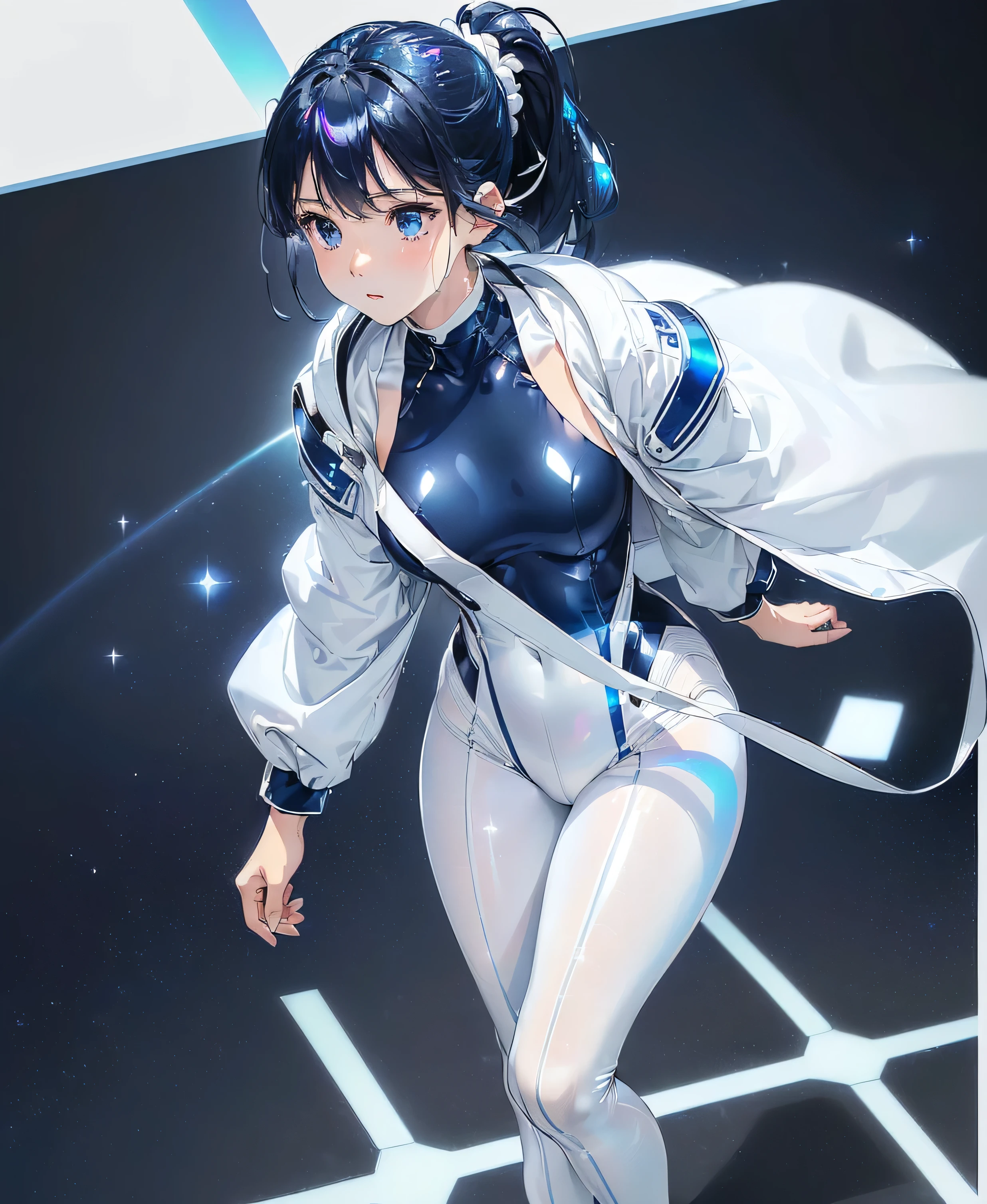 ((Holographic glow effect)),(masterpiece、Best Quality、Highest Resolution、Clear_image、Detailed details、The angle is from above): (solo、A girl alone、Japanese Faces、High knot ponytail、Dark blue hair girl、Small breasts、（Perfect body：1.4）、Sparkling blue eyes、(White and navy blue zero suit、White and navy bodysuit、White and navy tight-fitting clothing、Wear full white and navy blue cover、White and navy thigh-covering pants、White and navy shoulder cover outfit、White and navy cropped jacket、White and navy shiny clothes、Navy blue tight-fitting pants that hide the legs、Clothing that doesn&#39;t attract skin、Clothes that hide the skin、Armor to hide the chest)、Very delicate and beautiful、Detailed Skin、Slim body、Exoskeleton、Cute、A gentle smile、Soft expression、heroine、White and navy blue long boots、Elbow-length gloves)、Mscockpit,cockpit,Fantasy,ROMANCE,action,SCIENCE FICTION,TEEROR,COMICS,NFWS,hero,Mecha,Mechanical,mechanical body,Cartoon,Polished floor