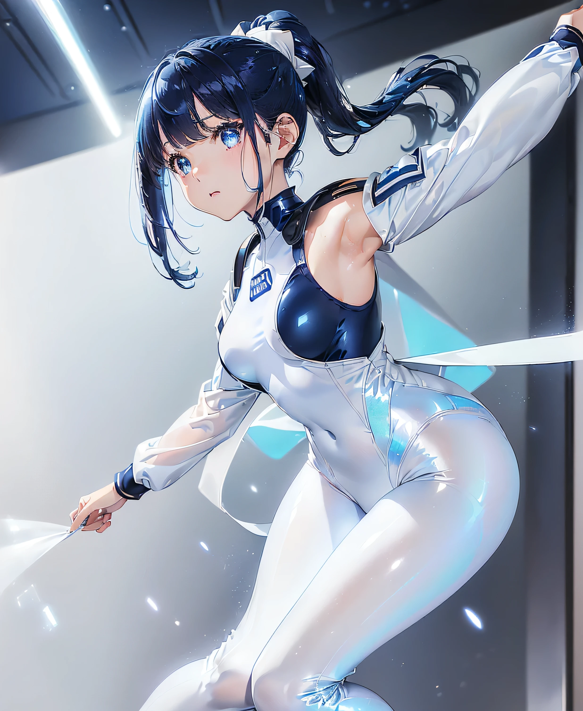 ((Holographic glow effect)),(masterpiece、Best Quality、Highest Resolution、Clear_image、Detailed details、The angle is from above): (solo、A girl alone、Japanese Faces、High knot ponytail、Dark blue hair girl、Small breasts、（Perfect body：1.4）、Sparkling blue eyes、(White and navy blue zero suit、White and navy bodysuit、White and navy tight-fitting clothing、Wear full white and navy blue cover、White and navy thigh-covering pants、White and navy shoulder cover outfit、White and navy cropped jacket、White and navy shiny clothes、Navy blue tight-fitting pants that hide the legs、Clothing that doesn&#39;t attract skin、Clothes that hide the skin、Armor to hide the chest)、Very delicate and beautiful、Detailed Skin、Slim body、Exoskeleton、Cute、A gentle smile、Soft expression、heroine、White and navy blue long boots、Elbow-length gloves)、Mscockpit,cockpit,Fantasy,ROMANCE,action,SCIENCE FICTION,TEEROR,COMICS,NFWS,hero,Mecha,Mechanical,mechanical body,Cartoon,Polished floor