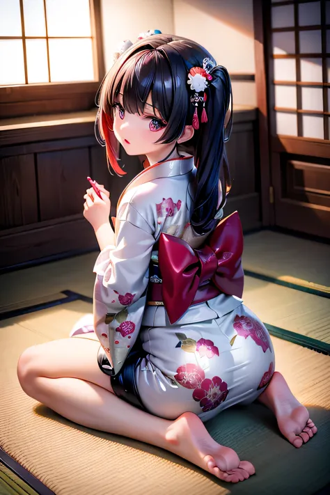 pvc,(8k, please redeem, masterpiece, ultra-high resolution: 1.2),kimono,japanese-style room,1 girl, 2, kneel down and look back....