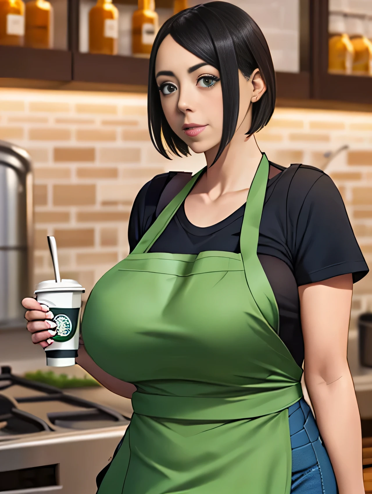 Aubrey Plaza, (Aubrey Plaza:1.5), masterpiece quality, (masterpiece quality:1.3), detailed, realistic, (realistic:1.3), 1girl, solo, (solo:1.9), alone, in a Starbucks coffee shop, coffee in background, wearing a Starbucks uniform, (Starbucks uniform:1.5), wearing a black t-shirt, (black t-shirt:1.5), wearing a green apron, (green apron:1.9), wearing blue jeans, (blue jeans:1.5), black hair, short hair, big breasts, (big breasts:1.5), chubby body, (chubby body:1.5), 