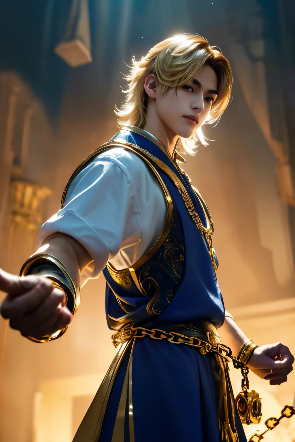 1boy, masterpiece, realistic, absurdres, best quality, high resolution, Kurapika, japanese boy, very handsome, perfect face, cute face, intricate detail, clear and beautiful detailed eyes, golden hair, shiny hair, blue tabard, white shirt, gold trim, holdig a chain, chains flying, slim muscular, handsome muscle, detailed skin, perfect hand, good anatomy, looking at camera, action scene, dynamic pose, fantasy, night, tree, Moonlight at night, wilderness, flowers, skynight, studio lighting, soft light, upper body portrait, front view, Professional photography, 8K UHD,