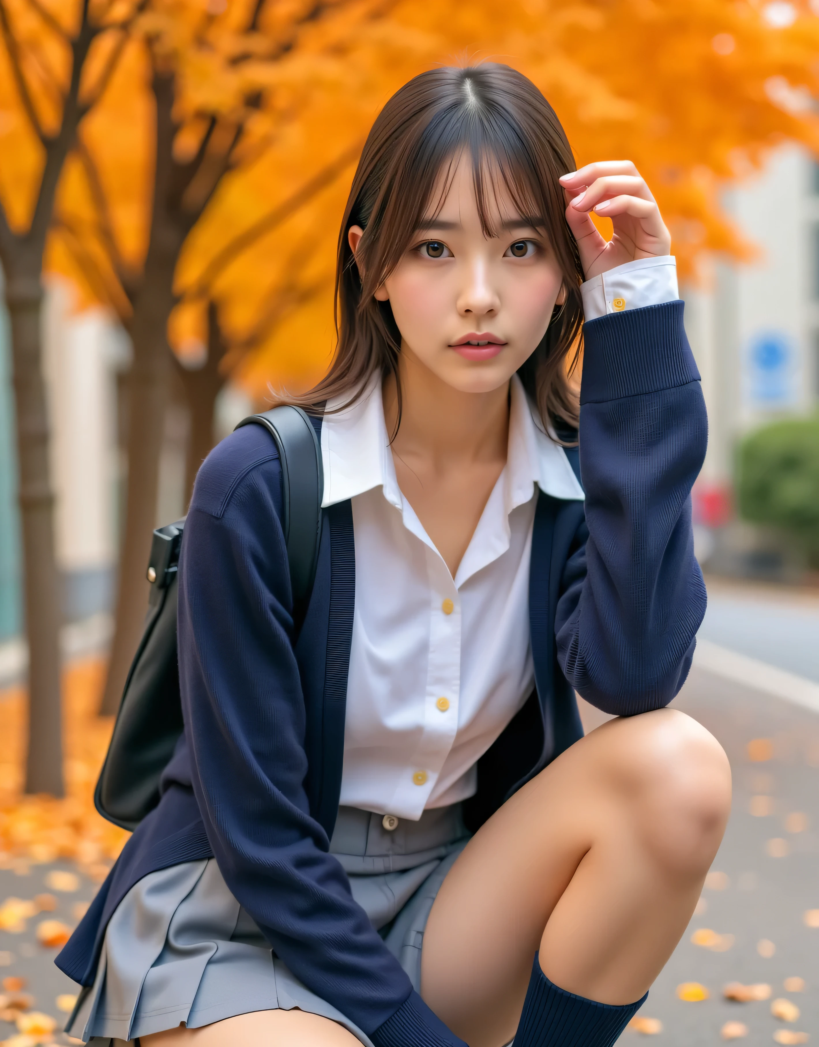 (Realistic:1.3, Photo-realistic:1.5, RAW photo, model photo), Magazine cover photo, she is Japanese fresh fashion model, The perfect figure that everyone aspires to, (small smile:1.1), symmetrical eyes, Light Brown eyes, Double eyelids, Thin eyebrows, Thin lips, Glossy lips, fair skin, Thin legs, Thin feet, (super Detailed skin:1.2), firm skin, (realistic skin:1.2),  (super Detailed eyes:1.2), (cute makeup:1.5), (cute face:1.3), 
BREAK,  
(1girl, solo:1.3, 20yo:1.3), ((F-cup breasts:1.3)), (firm breast, nicely shaped breasts), ((half-up hairstyle:1.5, long hair:1.3)), side swept bangs, 
BREAK, 
(high-school uniform:1.3), (check pleated miniskirt (color : Gray)):1.2, (white button shirt, school cardigan with long sleeves(color : Navy):1.3), (Oversized), (school-bag, high-socks(color : Navy), bare-thighs), 
BREAK,  
((squatting with holding knees:1.5)), (Autumn atmosphere:1.3, (In Under the large ginkgo tree in the school's courtyard, which was beautifully colored in Orange):1.2), 
(((close-up face:1.5))), (looking at viewer:1.5), (from below + from front), 