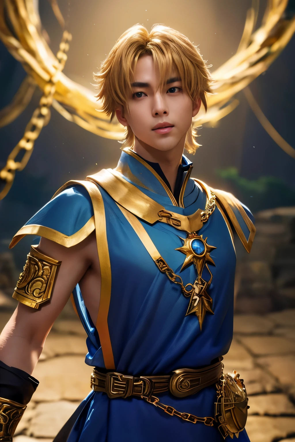 1boy, masterpiece, realistic, absurdres, best quality, high resolution, Kurapika, japanese boy, very handsome, perfect face, cute face, intricate detail, clear and beautiful detailed eyes, golden hair, shiny hair, (blue tabard:1.4), white shirt, gold trim, holdig a chain, chains flying, slim muscular, handsome muscle, detailed skin, perfect hand, good anatomy, looking at camera, action scene, dynamic pose, fantasy, night, tree, Moonlight at night, wilderness, flowers, skynight, studio lighting, soft light, upper body portrait, front view, Professional photography, 8K UHD,