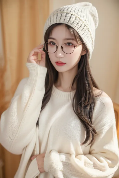 Best Quality、masterpiece、High sensitivity、High resolution、Detailed Description、Delicate facial depiction、Slender woman、Glasses、Semi-long、Calm expression、Autumn outfit、Knitted hat、