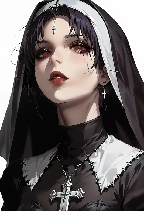 anime girl with a nun outfit and a cross necklace, sexy nun , portrait , white background 1 anime goth girl,  portrait, gothic m...