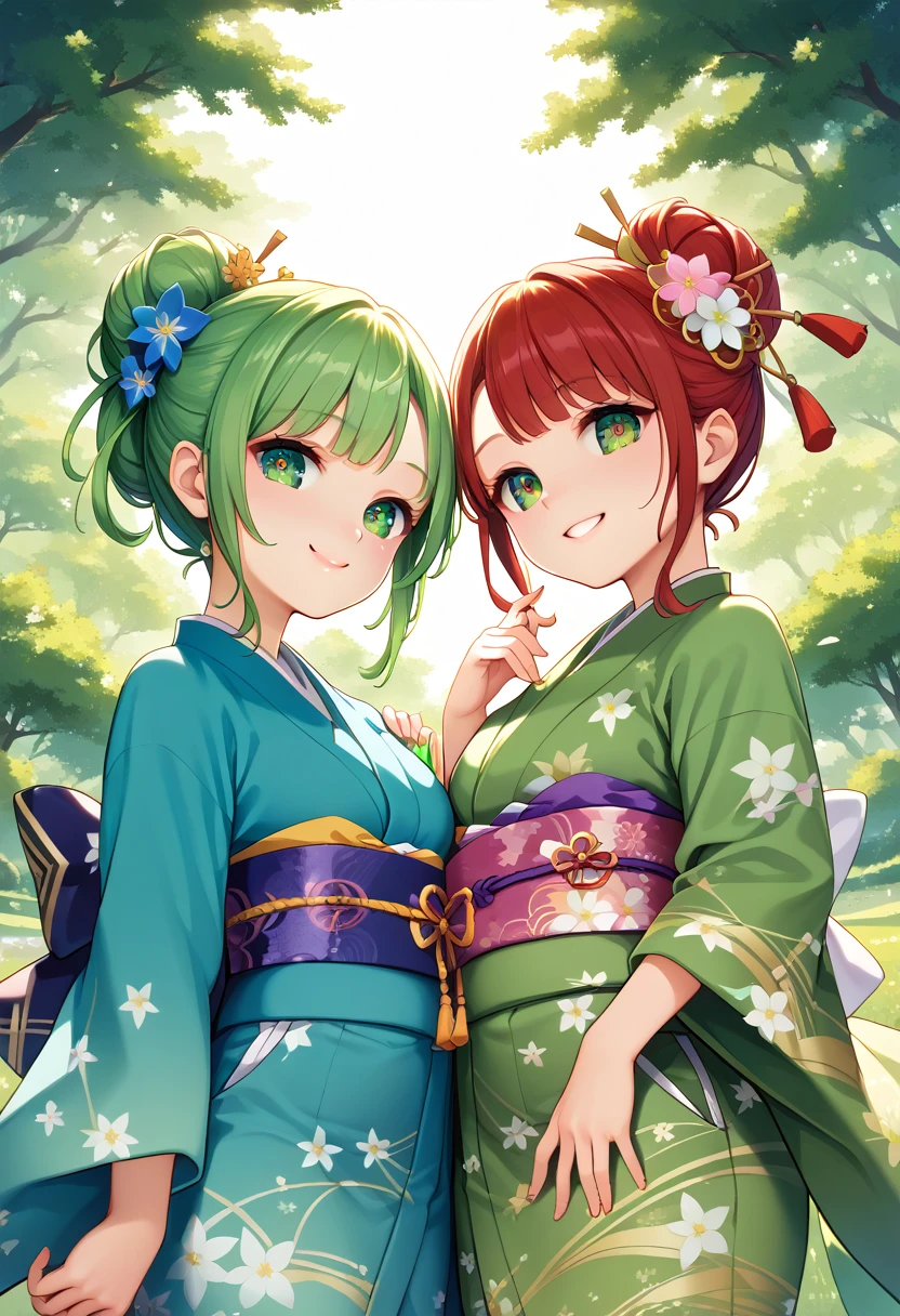 ((masterpiece)), ((best quality)), (ultra-detailed), focus on background, green meadow, 2girls, 2 cute girls, kimono, japanese cloth, beautiful blond hair, ((beautiful eyes)), smile,Ultra-Wide Angle,