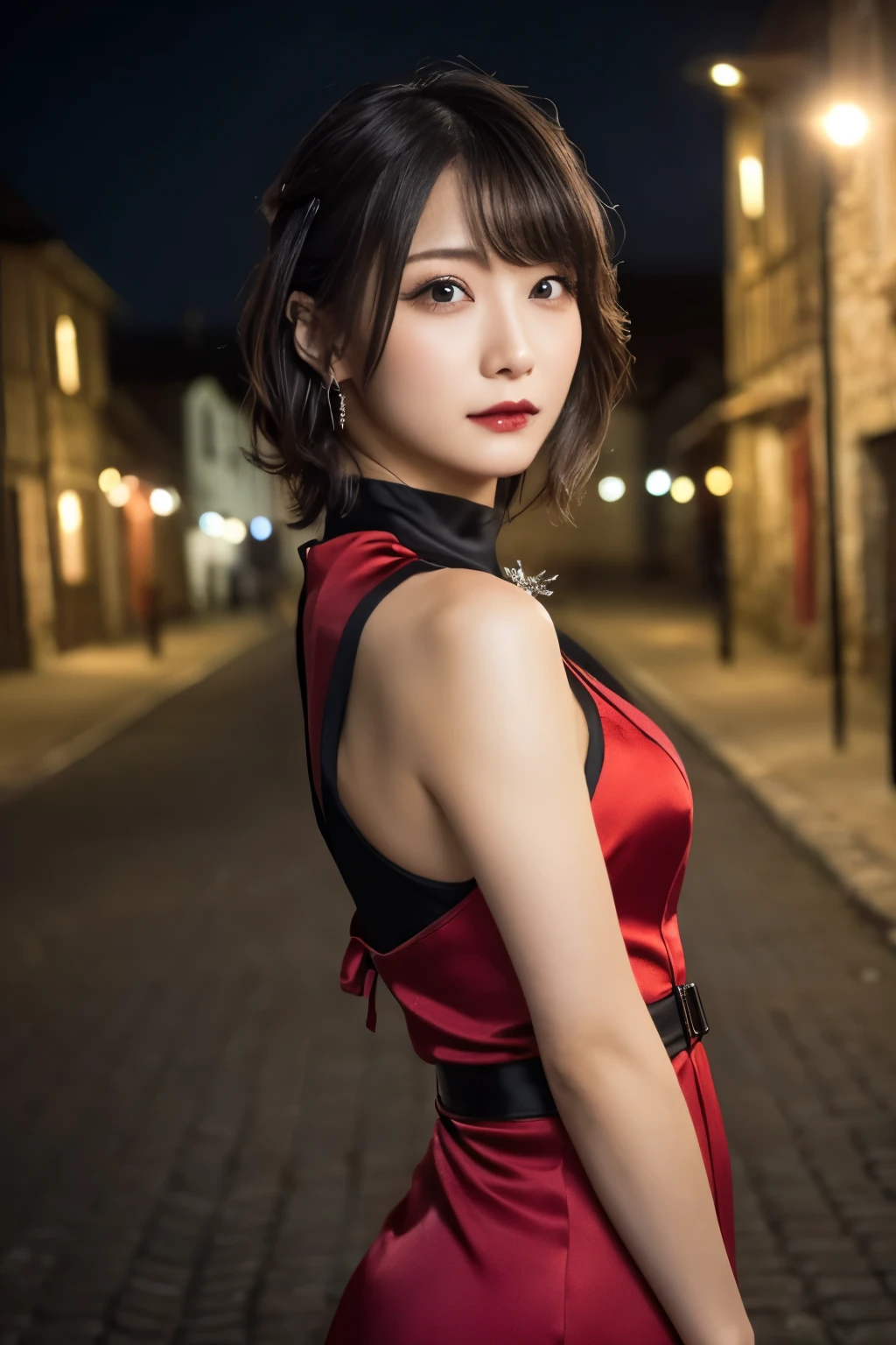 1 girl, (She is wearing a red dress:1.2), (Gothic Makeup), Portrait of a very cute Japanese symphonic metal singer, (RAW Photo Best Quality), (Realistic, Realistic:1.4), (masterpiece), 
So delicate and beautiful, Very detailed, 2k wallpaper, wonderful, finely, Very detailed CG Unity 8K wallpaper, Very detailed, High resolution, Soft light, 
Beautiful detailed girl, Very detailed目と顔, A beautiful and elegant nose, Beautiful beautiful eyes, Cinema Lighting, 
(She stands in an empty medieval town:1.3), (Night Sky, milky way), (Girl full body silhouette:1.2), (Dark screen:1.5), (I am so lonely), (Please show me your ass),
(short hair), (Messy Hair), 
Perfect Anatomy, Slender body, Small breasts