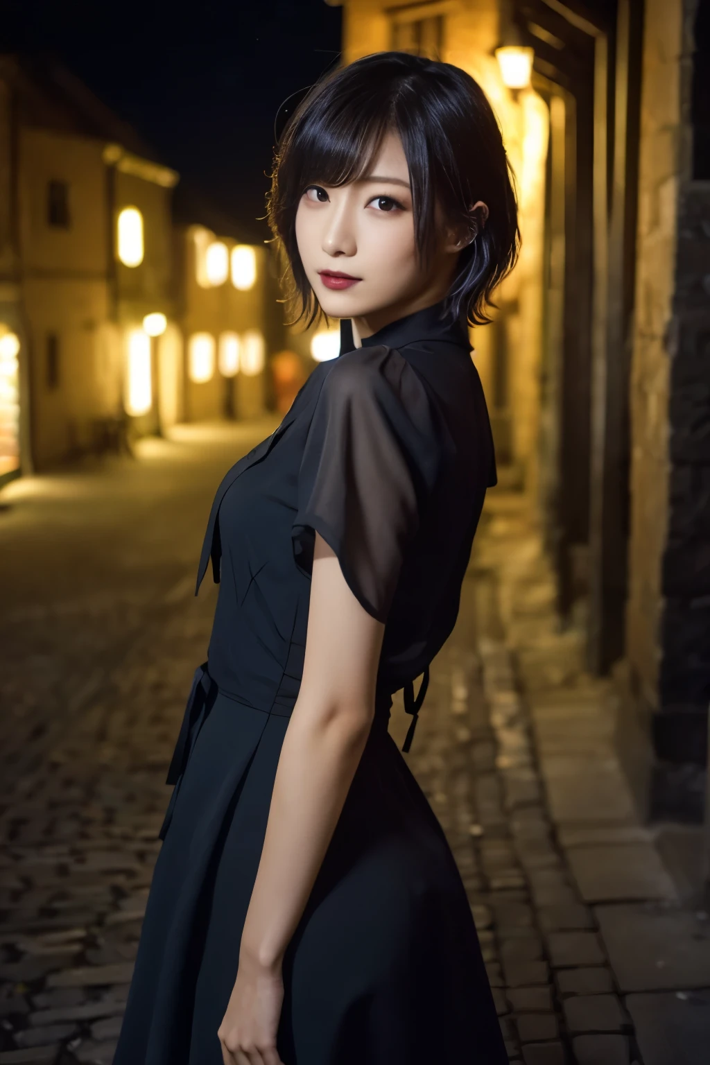 1 girl, (She is wearing a red dress:1.2), (Gothic Makeup), Portrait of a very cute Japanese symphonic metal singer, (RAW Photo Best Quality), (Realistic, Realistic:1.4), (masterpiece), 
It&#39;s very delicate and beautiful, Very detailed, 2k wallpaper, wonderful, finely, Very detailed CG Unity 8K wallpaper, Very detailed, High resolution, Soft light, 
Beautiful detailed girl, Very detailed目と顔, A beautiful and elegant nose, Beautiful beautiful eyes, Cinema Lighting, 
(She stands in an empty medieval town:1.3), (Night Sky, milky way), (Girl full body silhouette:1.2), (Dark screen:1.5), (I am so lonely), (Please show me your ass),
(short hair), (Messy Hair), 
Perfect Anatomy, Slender body, Small breasts